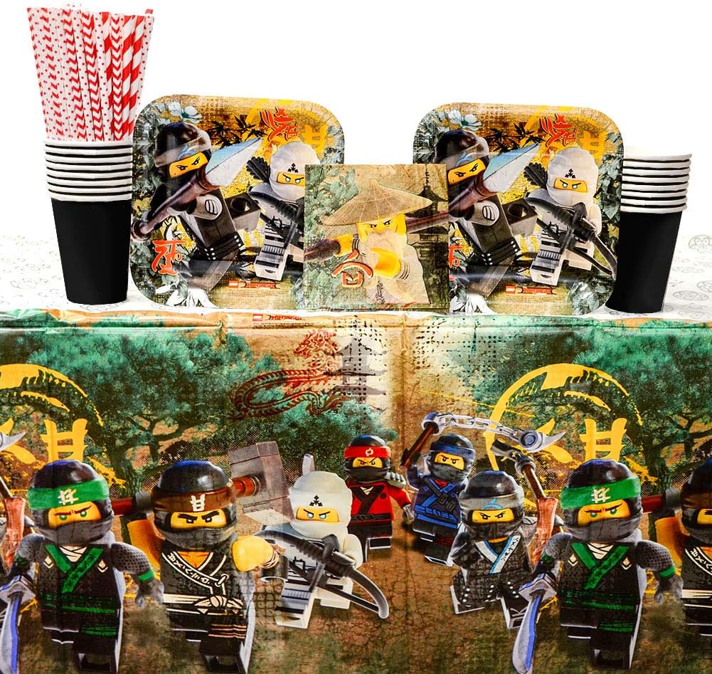 Lego Ninjago Movie Party Supplies Pack for 16 Guests: Straws, Dessert Plates, Beverage Napkins, Cups, and Table Cover