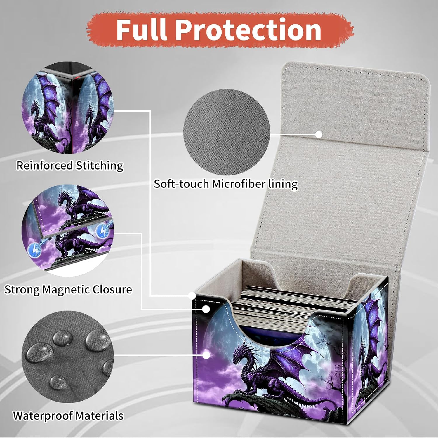 FUYOCWE Card Deck Box,MTG Commander Deck Box 100+ Double Sleeved Cards Storage,Magnetic Snap Leather Trading Card Case Oragnizer for TCG/CCG/Magic/Sports Cards-Purple Arcient dragon