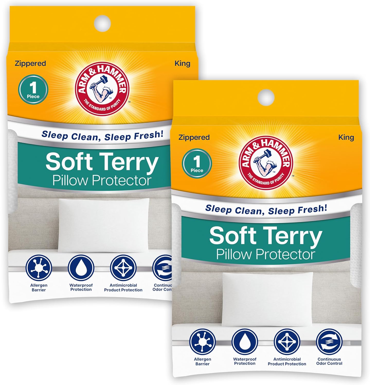 Arm & Hammer Waterproof Soft Terry King Body Pillow Protectors, Zippered Allergen Barrier, Antimicrobial, 2-Pack White