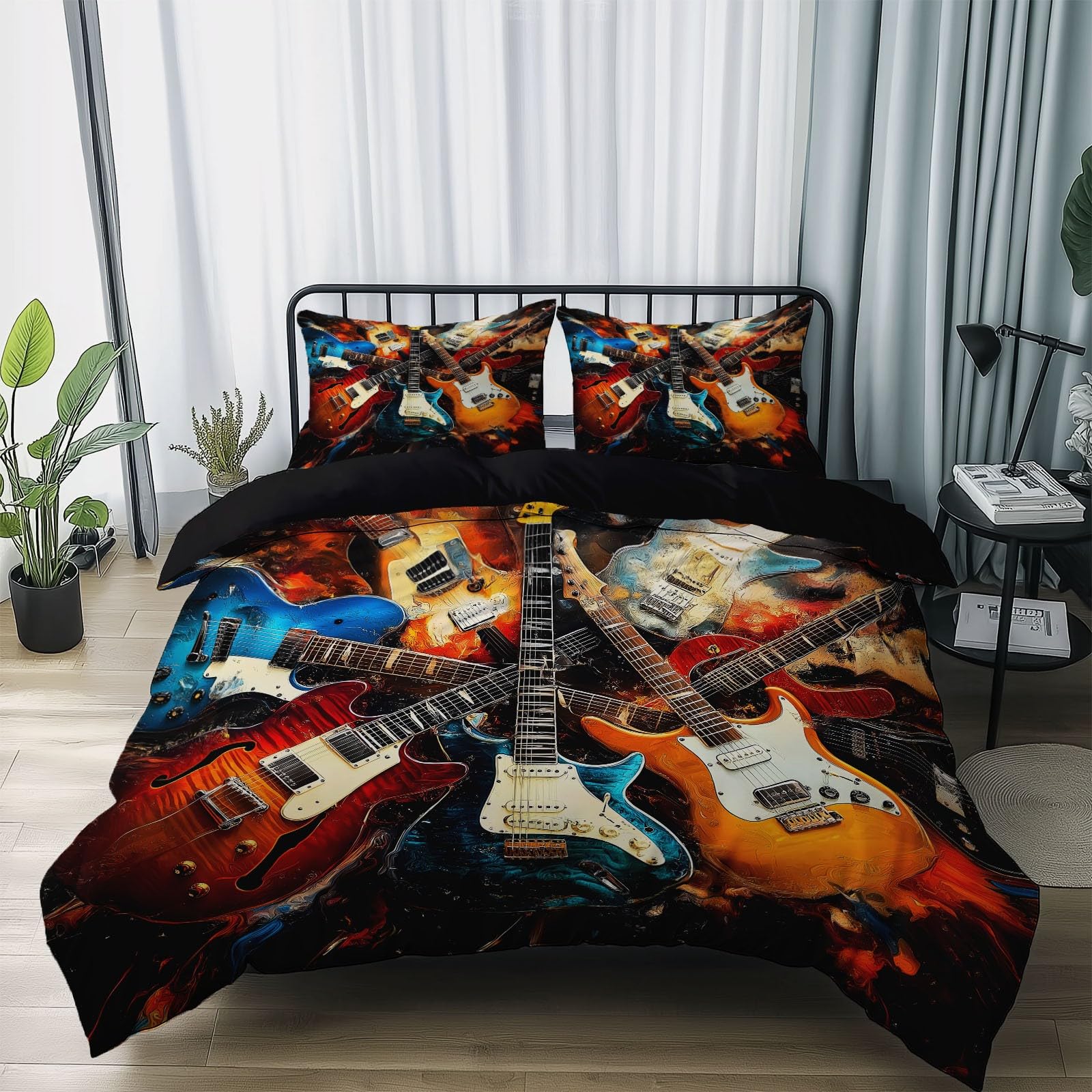Poszwa na kołdrę 240x260 cm z mikrofibry, zestaw pościeli muzycznej z gitarą elektryczną z 2 poszewkami na poduszki w kolorze czarnym z nadrukiem dwustronnej poszwy na kołdrę na 4 pory roku