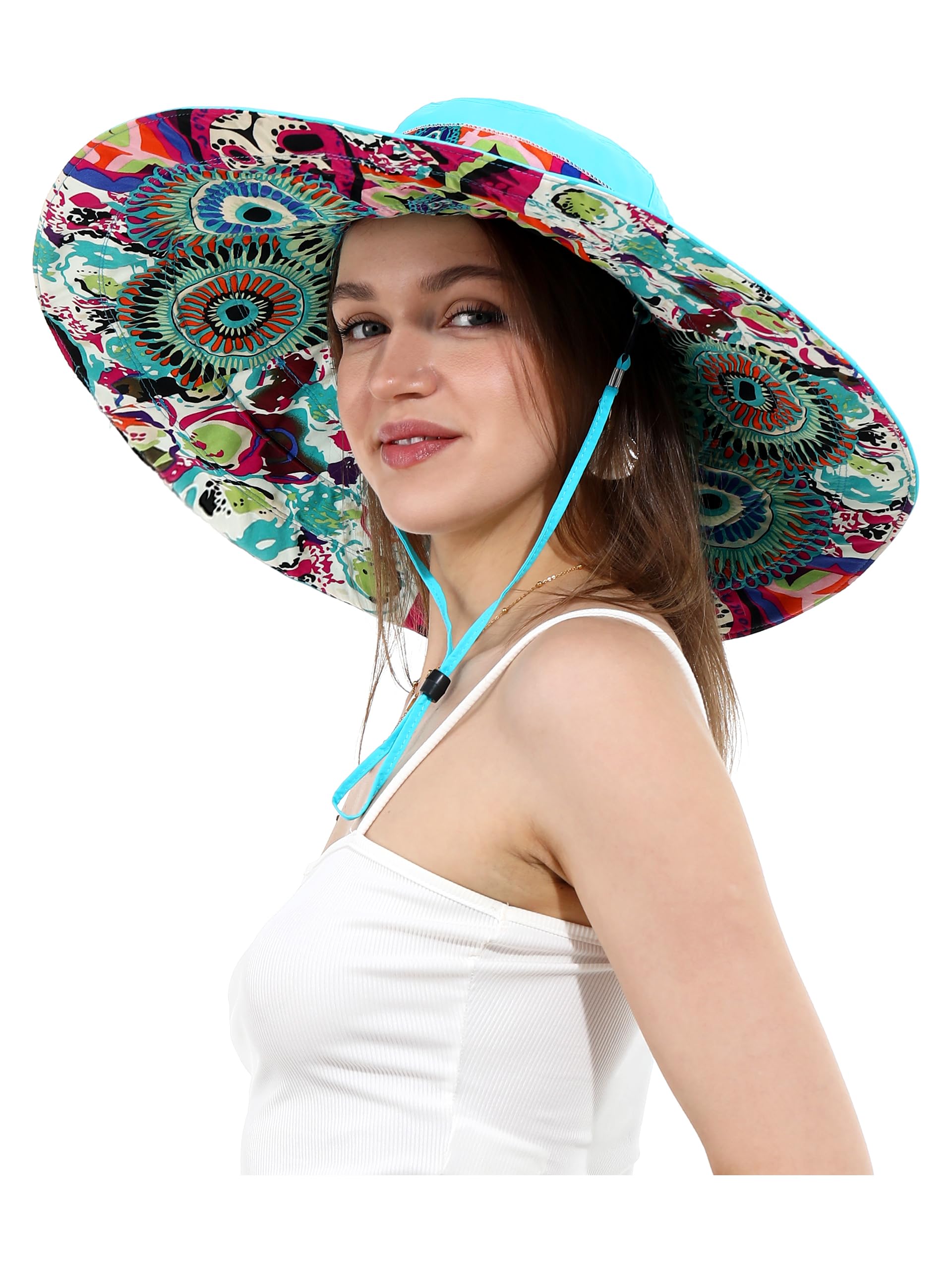 Women Floral Print Summer Sun Hat Ultra Wide Brim Wired Edge Beach Bucket Hats Reversible Foldable Travel UV Protection