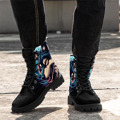 Wolf Graphic Combat Boots, Fashion Lace-Up Ankle Boots for Men Women Casual Hiking Work Punk Platform Booties