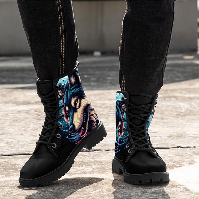 Wolf Graphic Combat Boots, Fashion Lace-Up Ankle Boots for Men Women Casual Hiking Work Punk Platform Booties