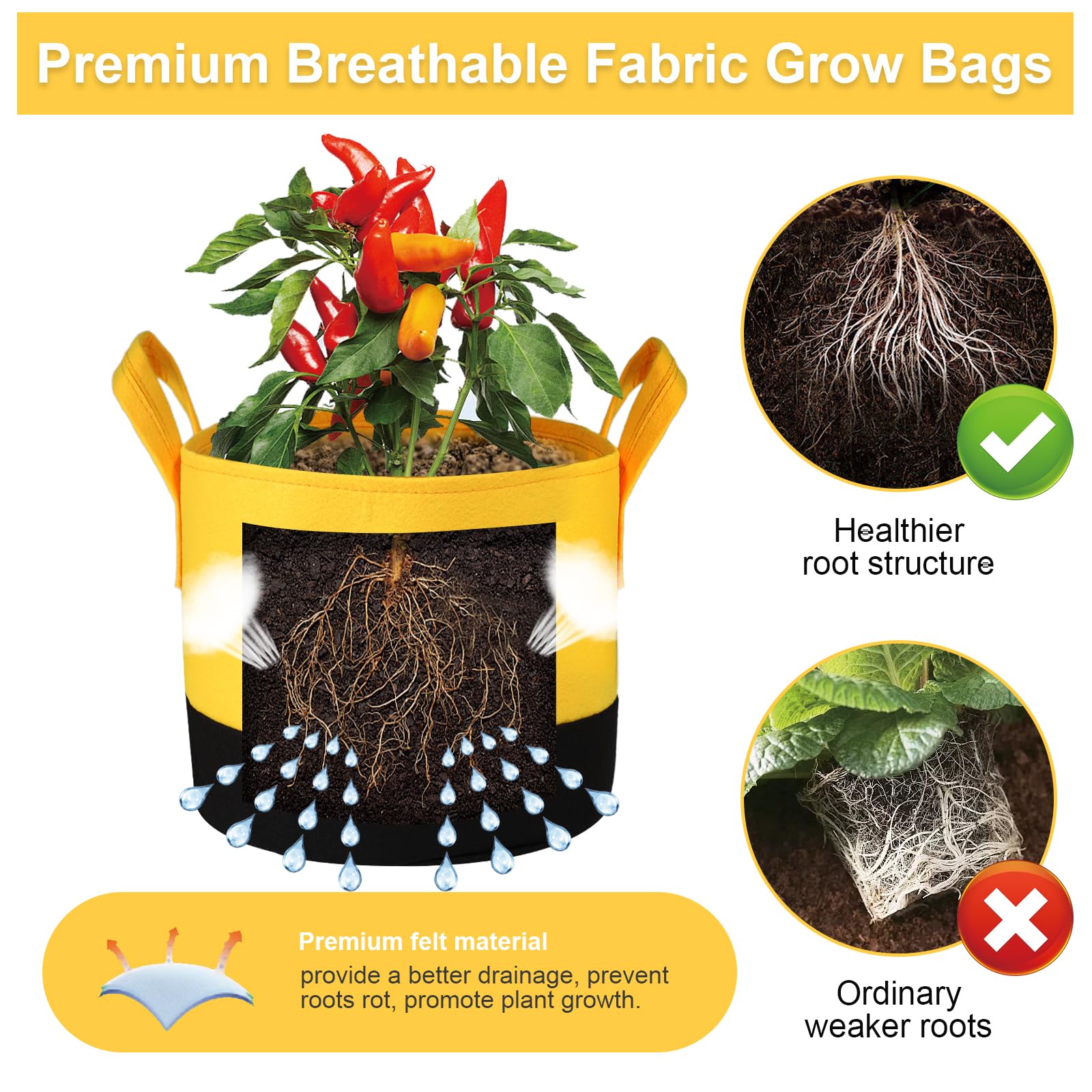 Lot de 6 sacs de culture de tailles mixtes, sacs de culture pour légumes/fleurs/plantes, pots en tissu non tissé épais avec poignées, sacs de culture de 1,5 L/2,2 L/37,2 L x 2