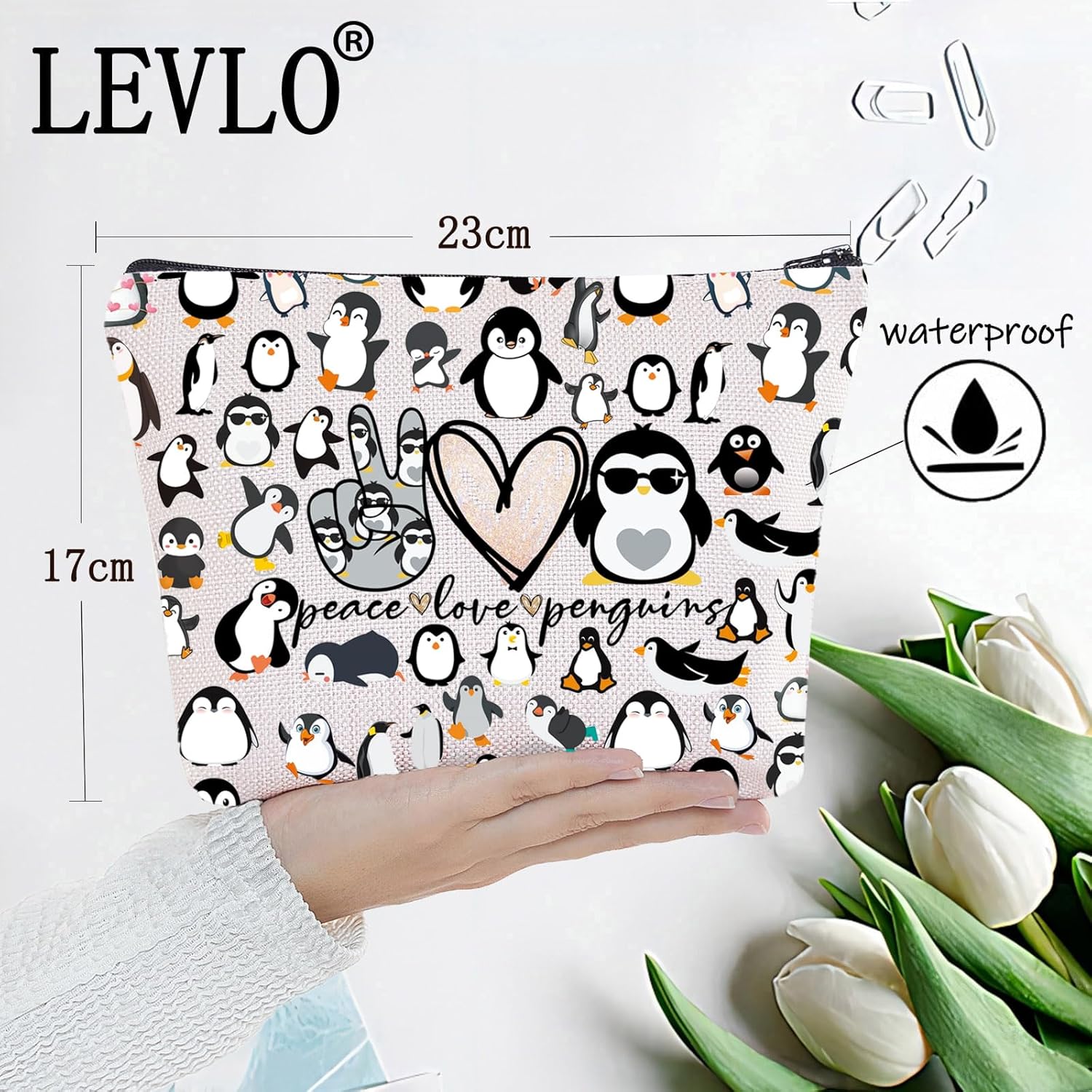 LEVLO Funny Penguins Cosmetic Make up Bag Animal Lover Gift Peace Love Penguins Makeup Zipper Pouch Bag Penguins Lover Gift For Women (Peace Penguins Full) - Image 2