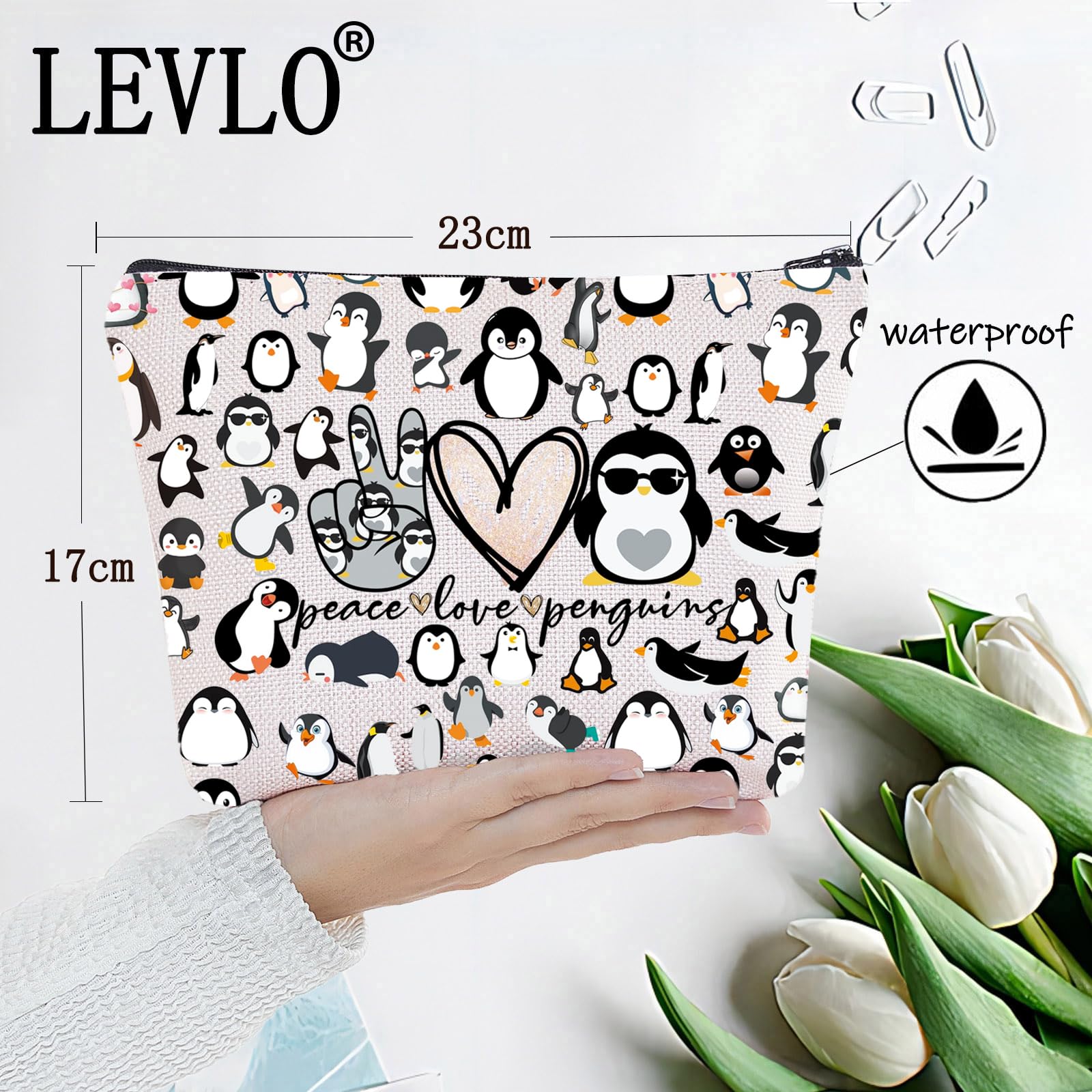 LEVLO Peace Love Penguins Cosmetic Makeup Bag, Canvas, Zipper, Women, Cosmetic Bags, Cosmetic Case, Peace Penguins M - Image 2