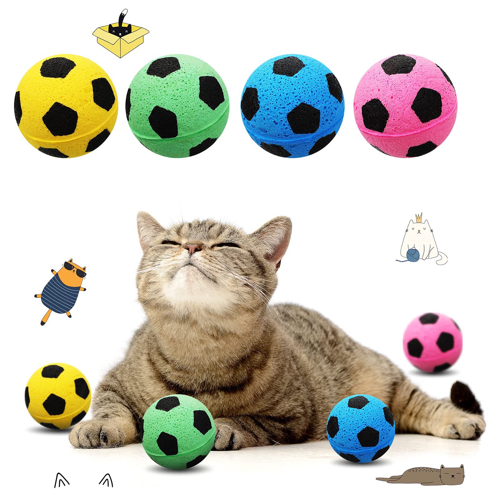 Excefore Sponge Ball Cat Toys, 8 Pcs Foam Soccer Classic Cat Toys Independent Pet Kitten Cat Exrecise Toy Balls for Real Cats Kittens, Soft, Bouncy and Noise Free(Random Color)
