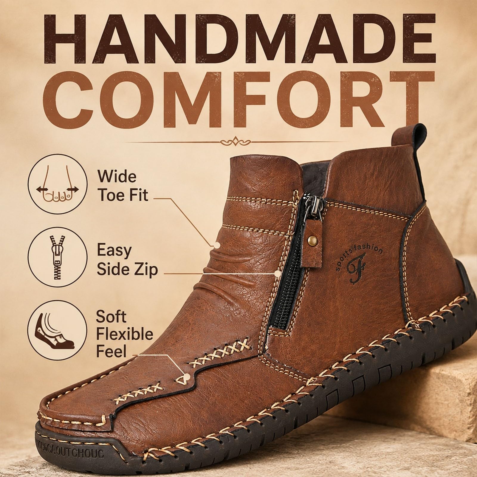 Pumio Chaussures de randonnée en Cuir Faites à la Main for Hommes | Fermeture éclair latérale, doublure polaire chaude, semelle en caoutchouc flexible, for la conduite(Black,37EU)