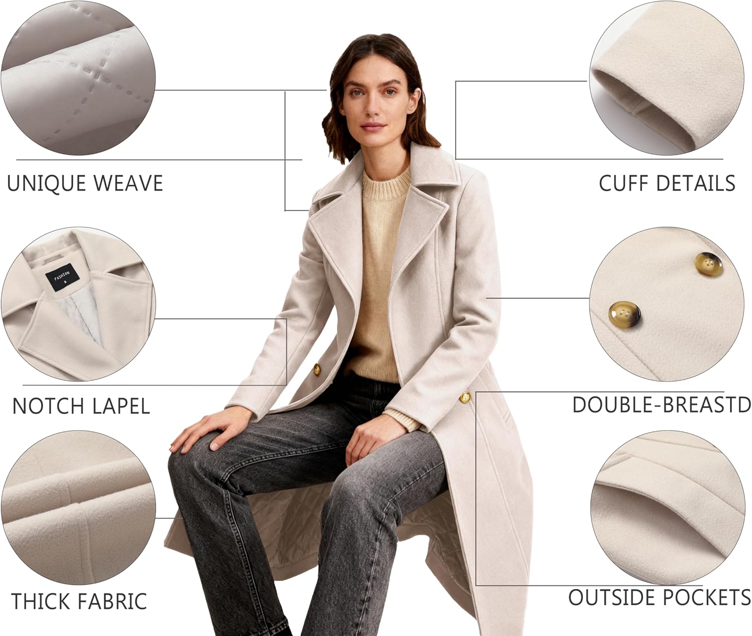 OTU Vibe Women's Long Notch Lapel Coat, Double-Breasted Peacoat, Casual Classic Fall Winter Overcoat - Image 6