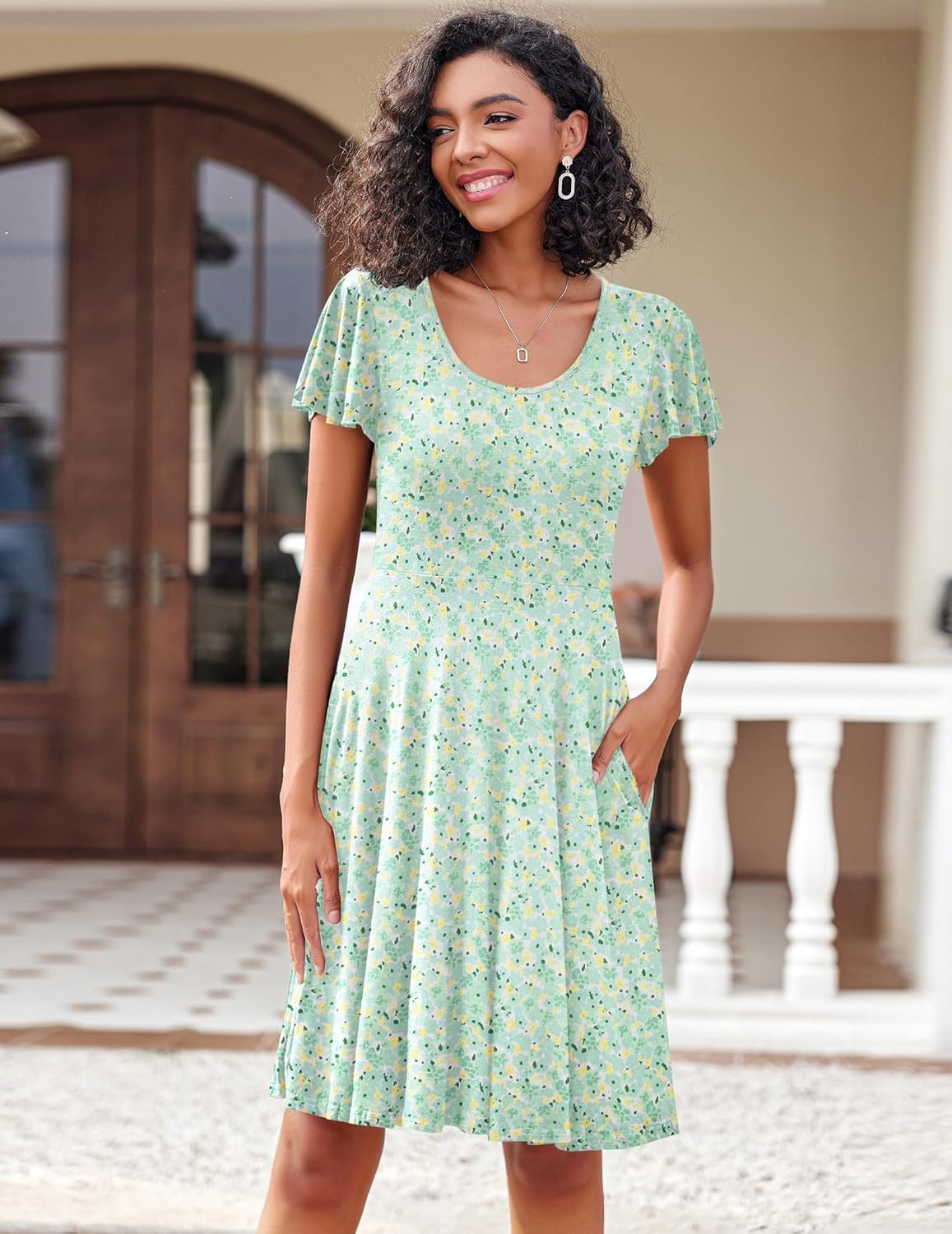 HOTOUCH Women's Casual Dress Floral Summer Dress Ruffle Sleeve Crewneck Flowy Swing Mini Dresses with Pockets - Image 4