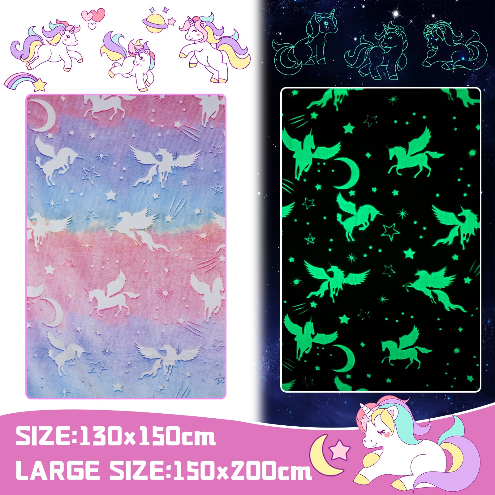 HSGLGNA Coperta per bambini, con unicorno, luce al buio, morbida coperta in flanella, per ragazzi e ragazze, divano (unicorno 04, 150 x 200 cm)