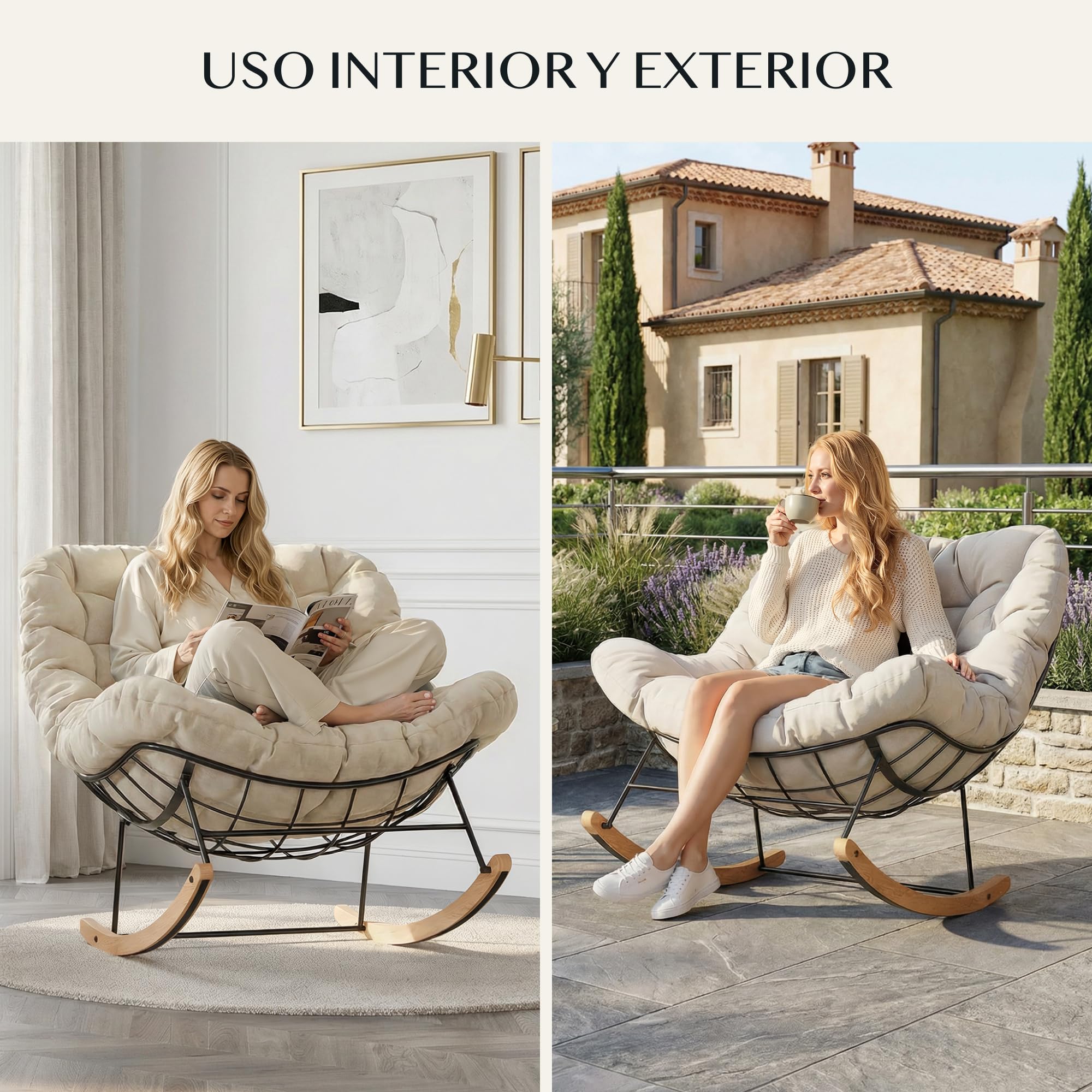 FLEXISPOT Sillón Mecedor XL, Silla de Lactancia Grande, Cojín Grueso Transpirable, Impermeable y Antidescolorante, Balanceo Suave, Estructura Metálica Estable, Salón, Dormitorio, Balcón, Jardín, Beige