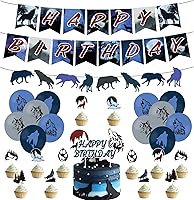 Vista 1 de Decoraciones de fiesta de cumpleaños de lobo, suministros de fiesta de lobo con pancarta de feliz cumpleaños, letrero de guirnalda de lobos