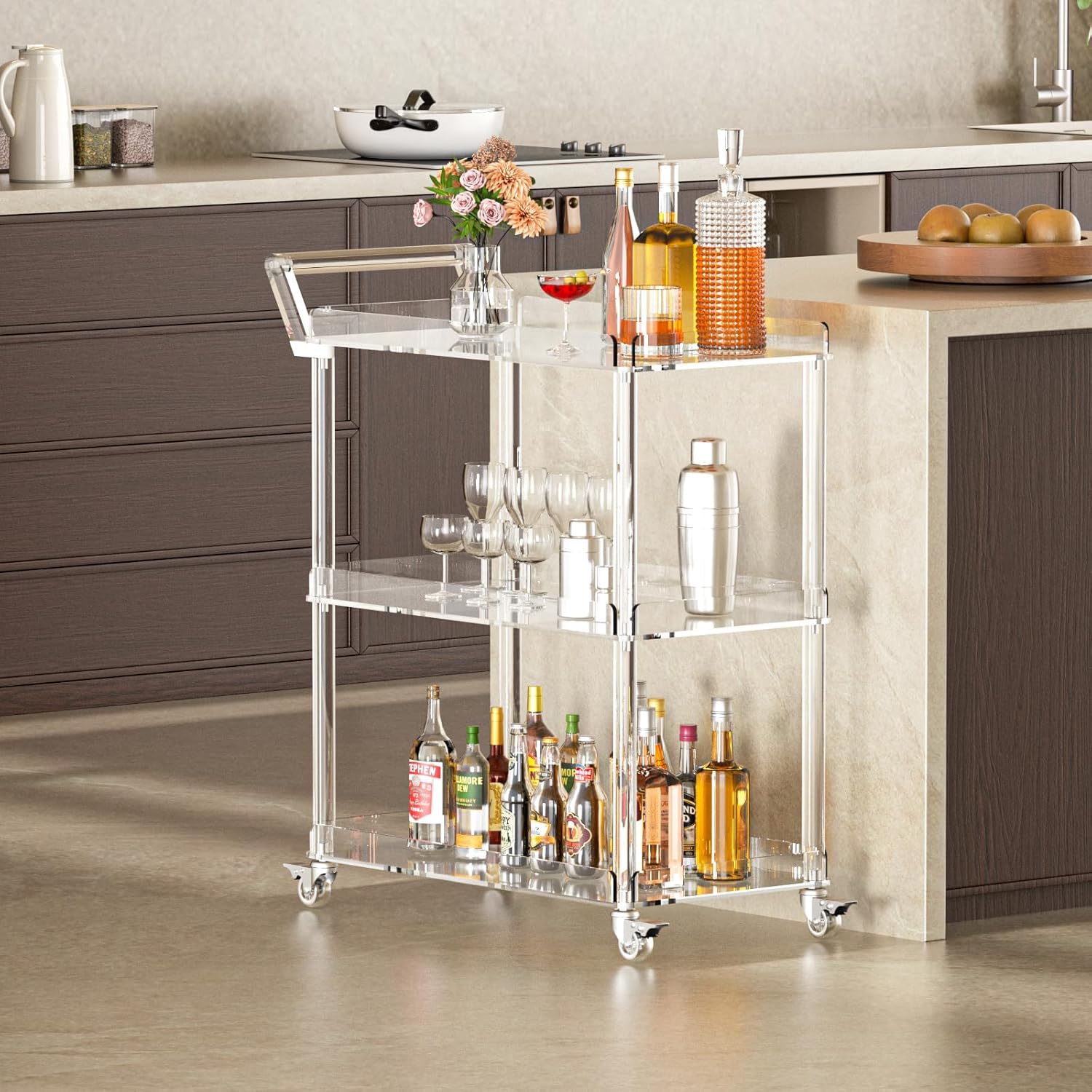 3-Tier Acrylic Bar Cart, Rolling Bar Carts for The Home, Mobile Drink and Wine Serving Cart with Wheels and Pulling Handle for Kitchen, Living Room, Clear, 33.7" L x 14.57" W x 34.84" H
