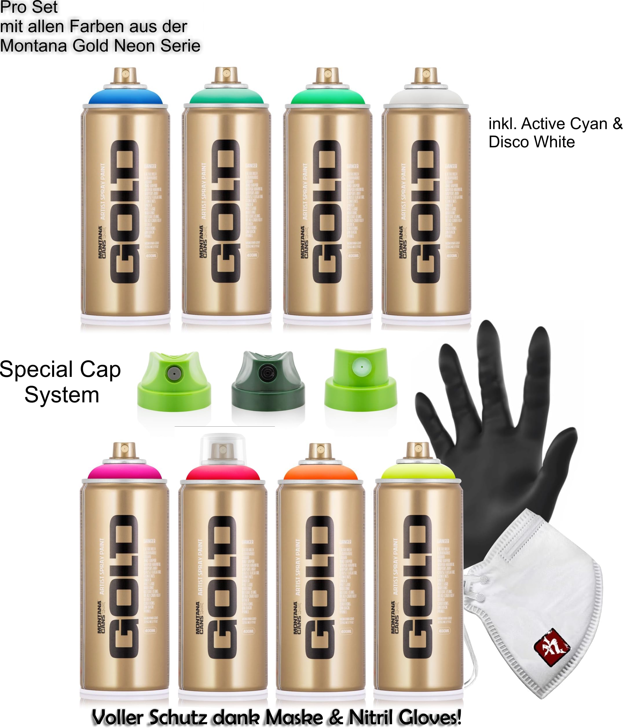Montana GOLD PRO Sprühdosen Set 400 ml – 8 Farben Neon Grün Pink Orange Blau Rot Gelb Cyan Weiß – inkl. 3 Ersatzsprühköpfe, Schutzmaske & Nitrilhandschuh – Spray Paint für Graffiti, Street Art und DIY
