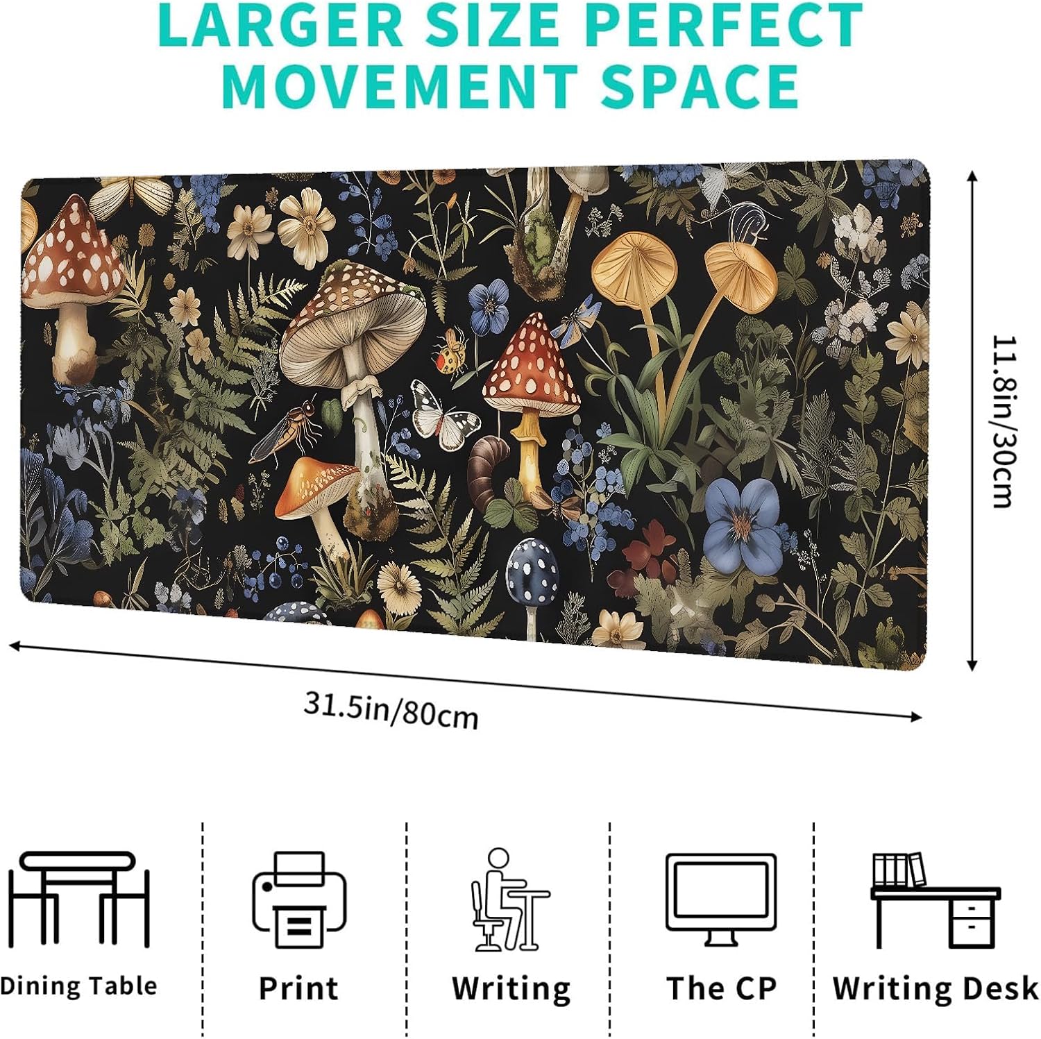 Vintage Botanical Mushroom Gaming Mouse Pad – 12x31.5in Non-Slip Rubber Desk Mat with Woodland Floral – Large Extended Mousepad for Office Home – Deskmat Gifts for Nature Lovers Decor image 2