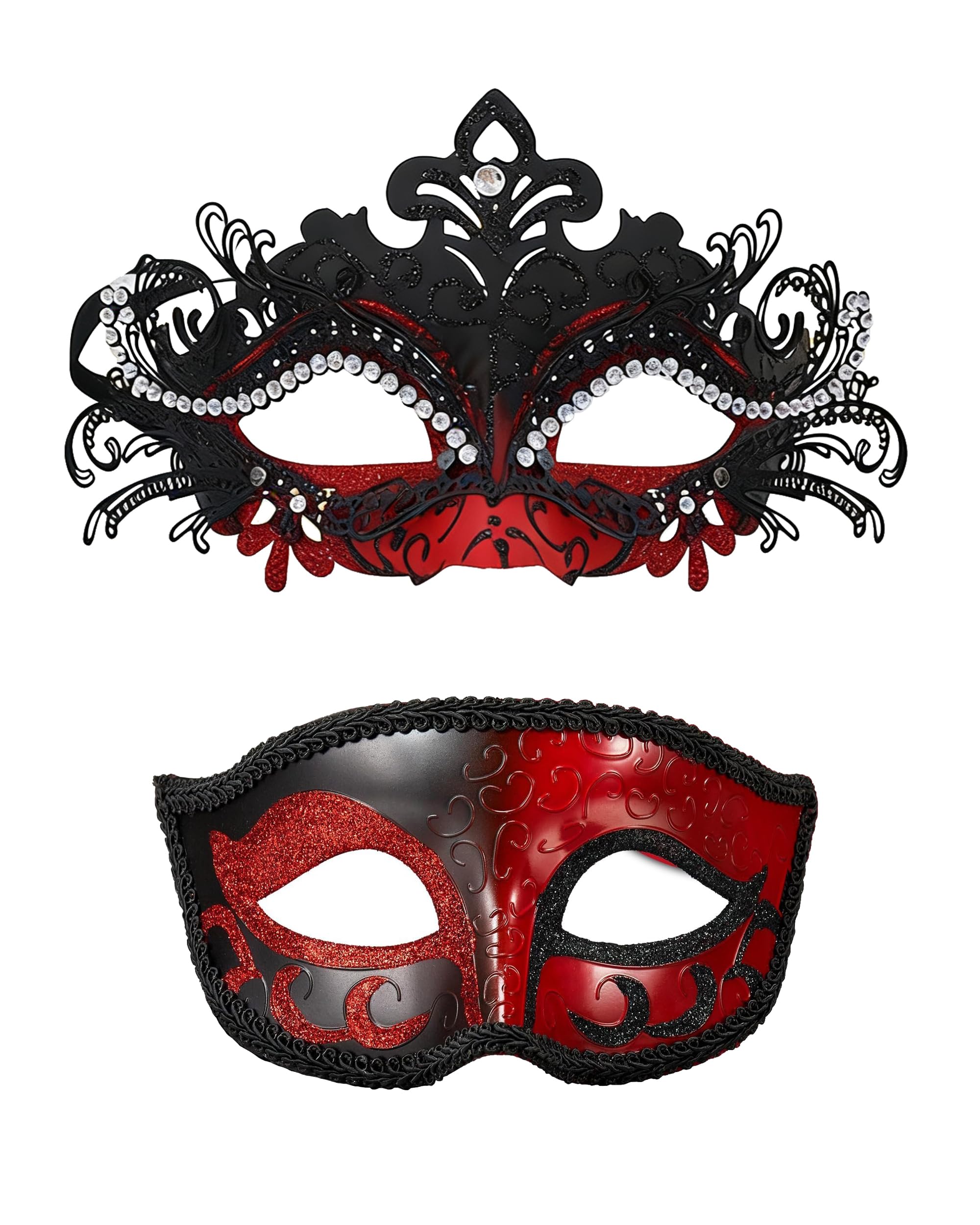 HeHeGe Couple Masquerade Masks with Shiny Rhinestone Venetian Party Mask Halloween Costume Carnival Mask New Year Party Christmas for Couples Women and Men (Black red)
