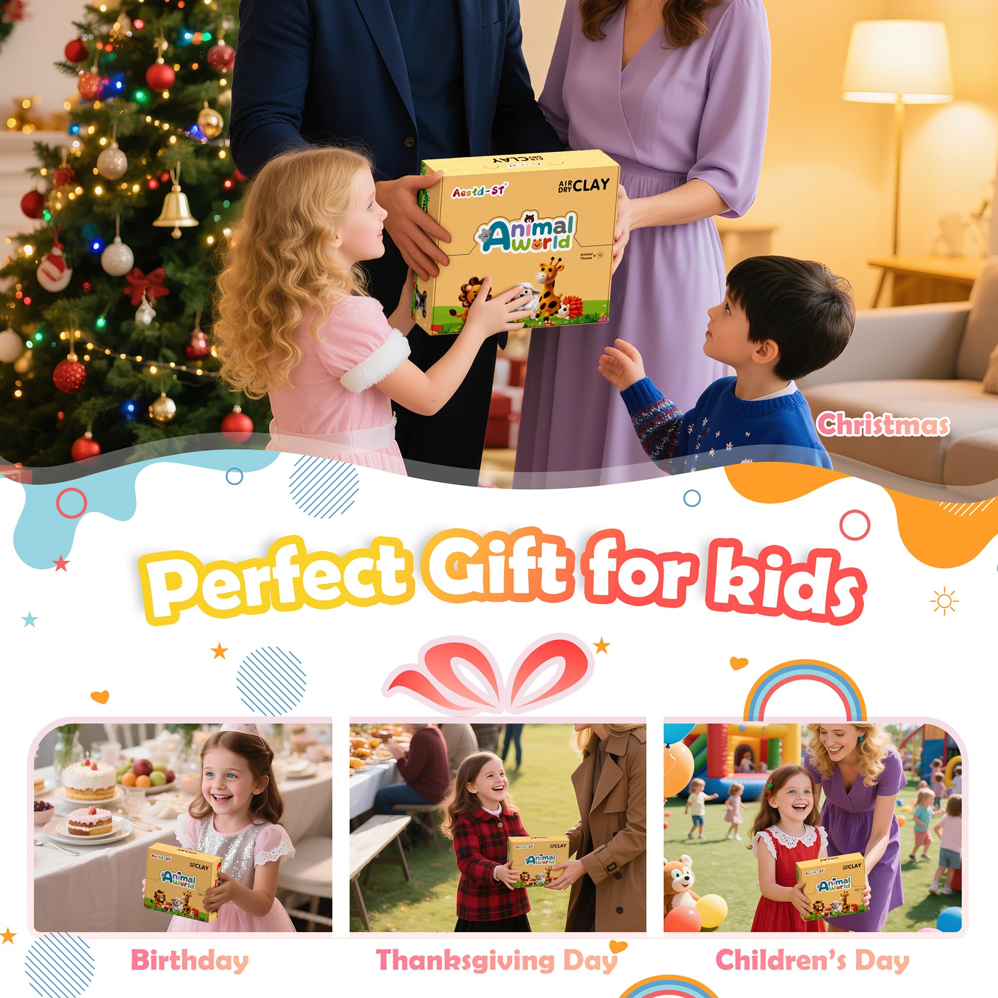 Air Dry Clay Kit - Animal Theme, Modeling Clay for Kids, DIY Model Magic Clay with Sculpting Tools and Tutorials, 12 Boxes Molding Clay, Ultra Light, Soft & Non-Sticky, Arts and Crafts Gift for Kids