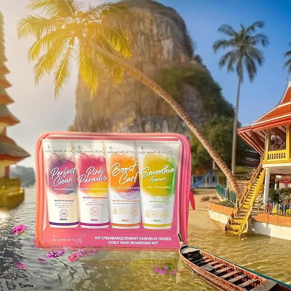 Les Secrets de Loly - Trousse de Voyage Cheveux Frisés - 4 Soins 100ml - Shampooing + Après-Shampooing + Gelée + Lait Capillaire - Format Cabine - 4