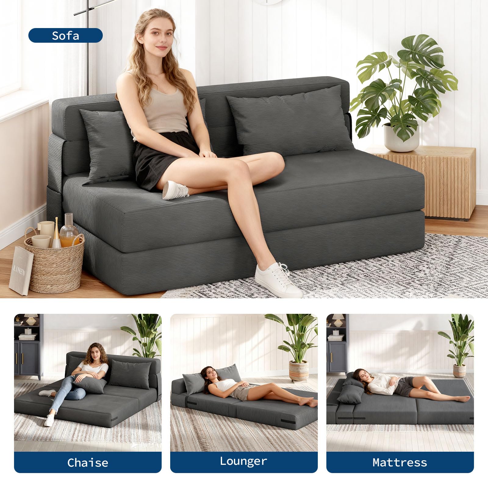 Canapé lit Convertible 2 Place en Velours Côtelé,2 in 1 Fauteuil lit Convertible avec 2 Oreillers,Housse Détachable Lavable,Canapé Paresseux/Chauffeuse 2 Place pour Chambre,Salon(200X150X15cm,Gris)