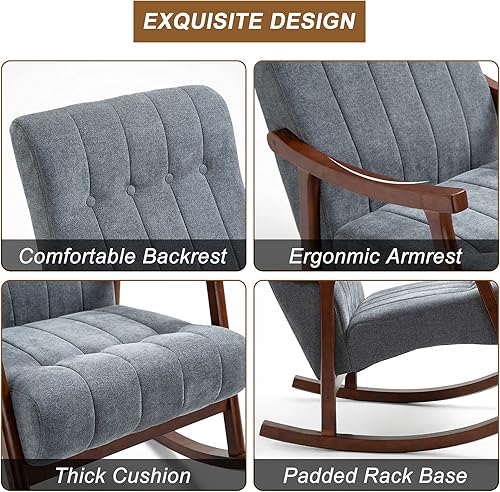 Miniatura 5 de AVAWING Upholstered Rocking Chair with Fabric Padded Seat, Comfortable Rocker Solid Wood for Living Room, Modern High Back Armchair for Adult, Dark