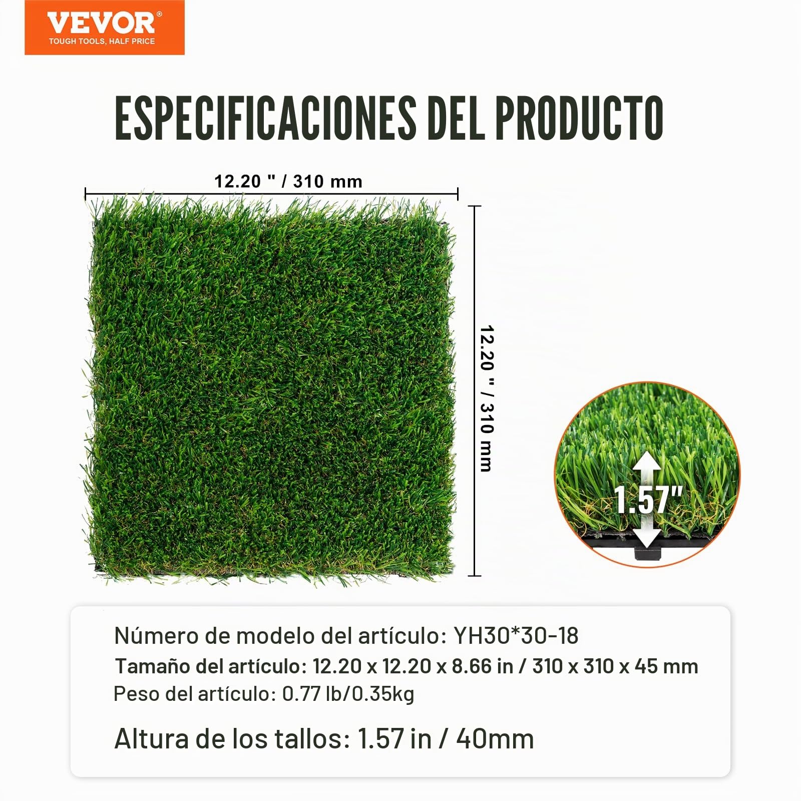 VEVOR Césped Artificial Juego de 18 Baldosas Entrelazadas para Interiores y Exteriores 31x31 cm Alfombra de Suelo Autodrenante, Hojas de Hierba 40 mm para Jardín, Parque Infantil, Decoración del Hogar
