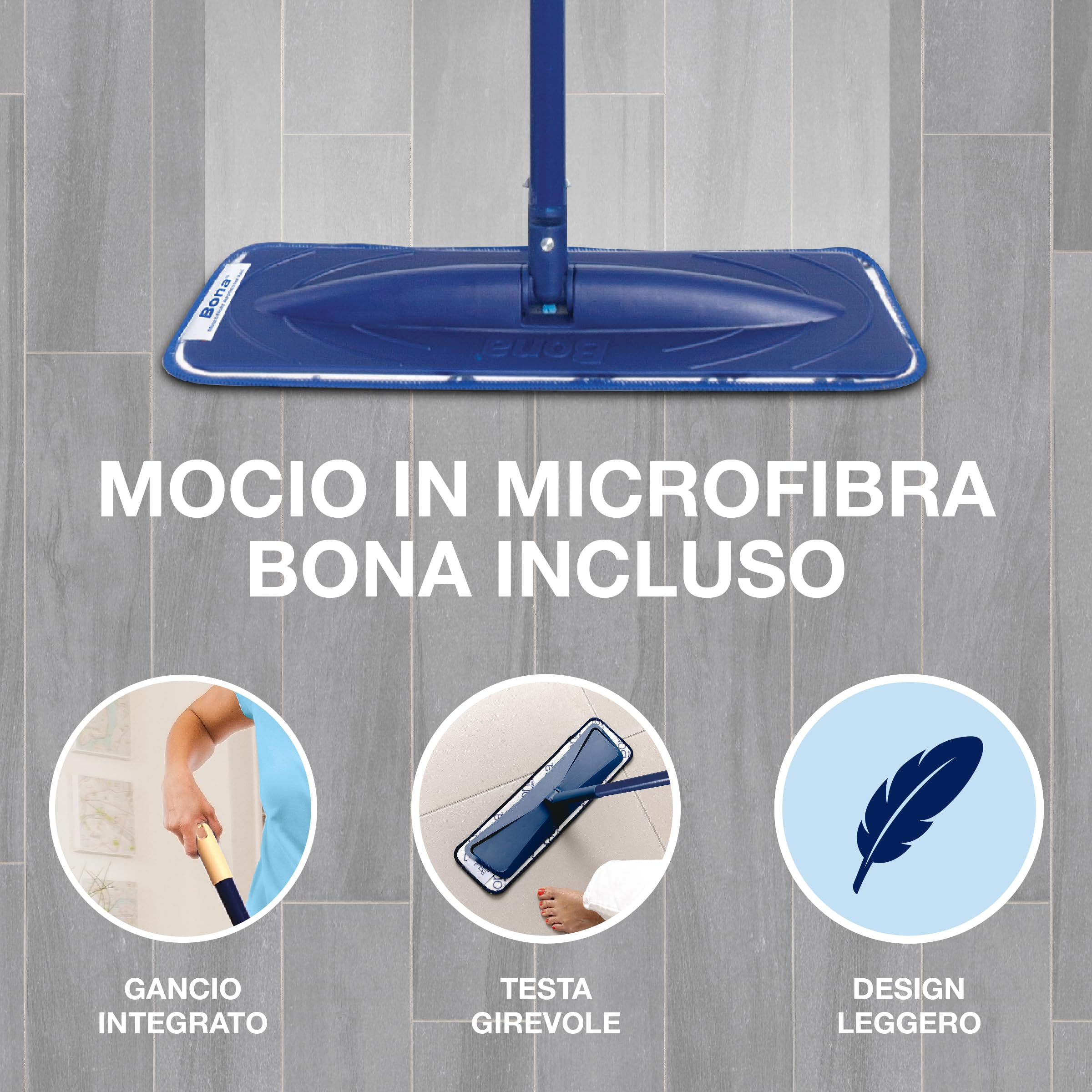 Bona mocio per pietra, piastrelle e laminato, set di mop con detergente da 1 L e tampone di pulizia in microfibra, prodotto per laminato, detergente per pavimenti pvc, LVT, panno, piastrellato