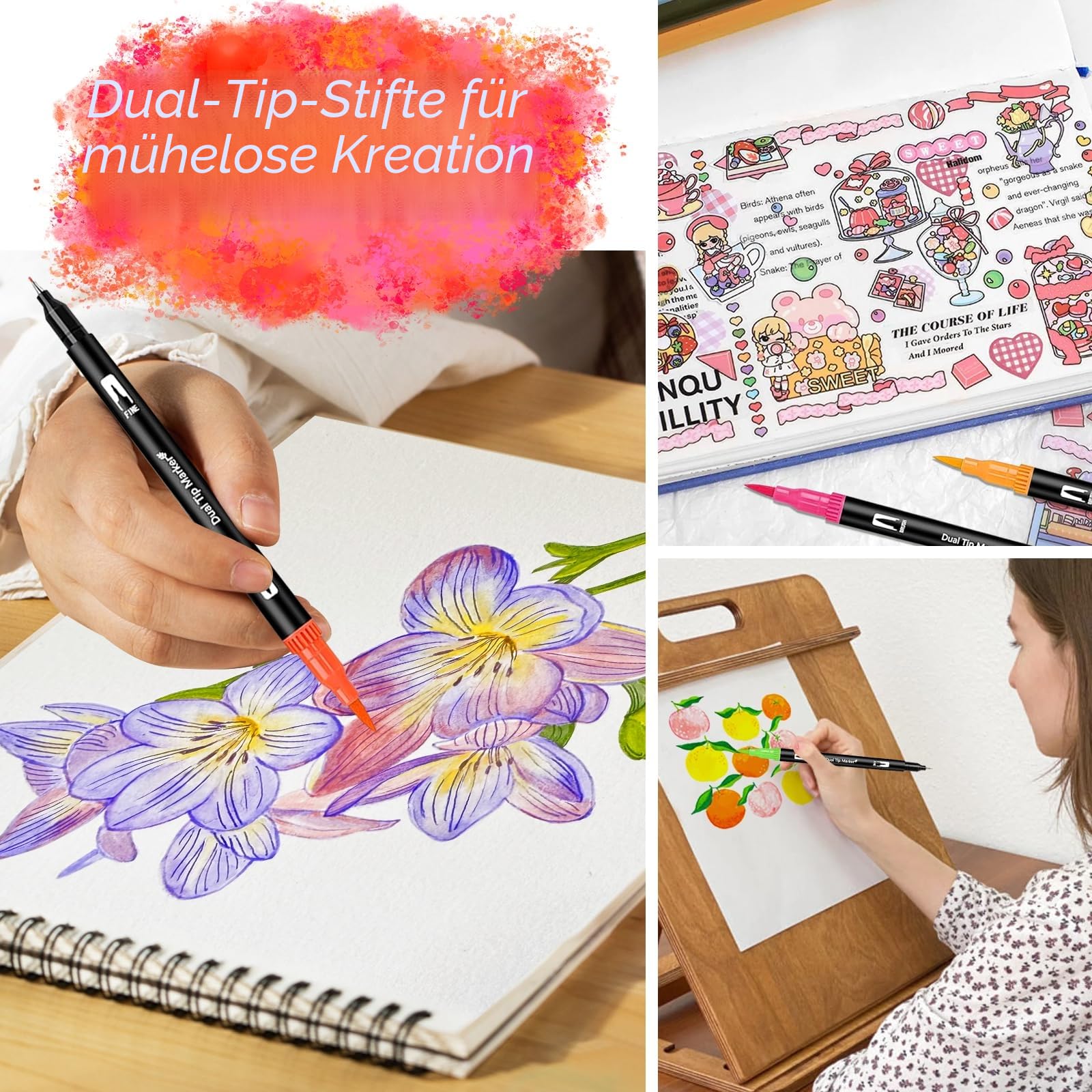 Filzstifte Set, 60 Farben Dual Brush Pen Set, Filzstifte Dicke und Dünne 1-5mm und 0,4 mm Pinselstifte und Fineliner Marker zum Zeichnen