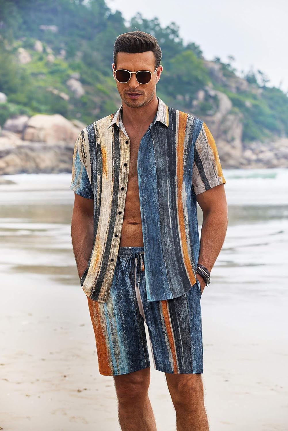 COOFANDY Men's Summer Beach Outfits 2 Piece Short Sleeve Shirts and Shorts Vacation Texture Linen Sets for Men - Image 3