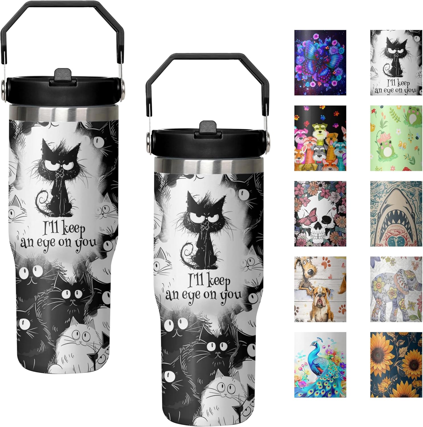 30 oz Cat Black Flip Straw Tumbler with Top Handle for Cat Black Lover Resuable Vacuum Insulated Flip Top Water bottle for Home Office Car