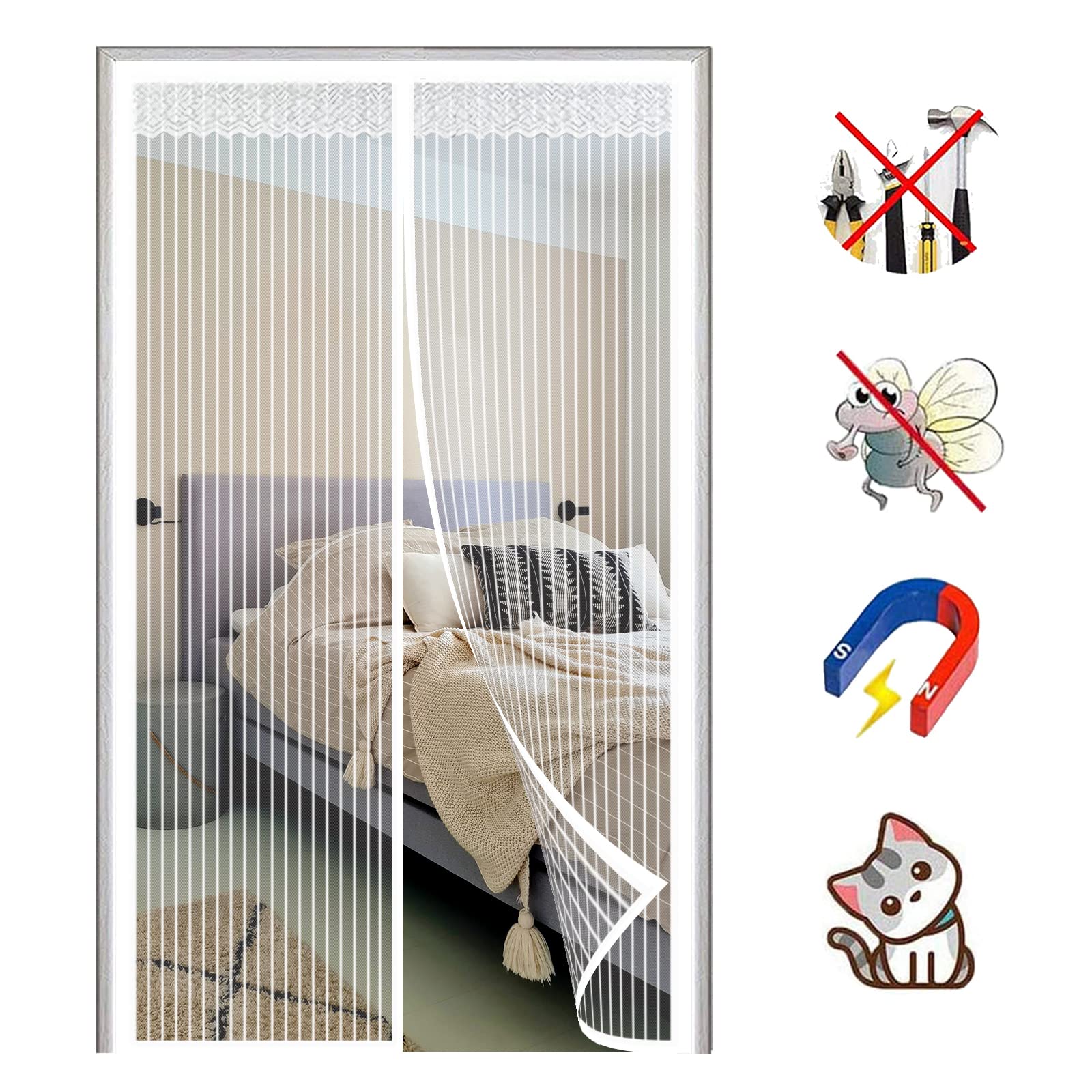 Zanzariera Magnetica Porta - Chiusura Automatica 75x200 Cm, Bianca, Per Balcone E Patio - Foto 9