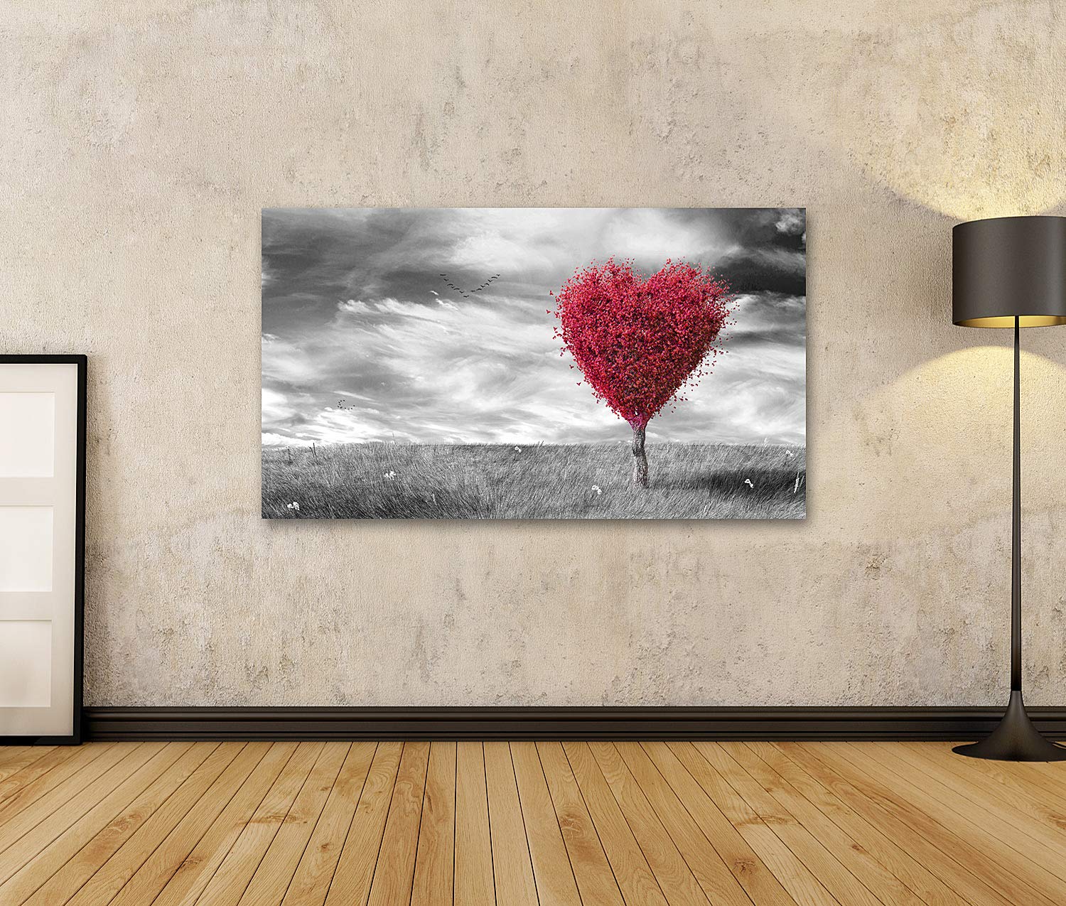 Cuadro sobre lienzo Red Heart Shaped Tree On Black & White Landscaped Fondo Murales Sala de estar Apartamento Cuadros en Lienzo GBGV-1Px