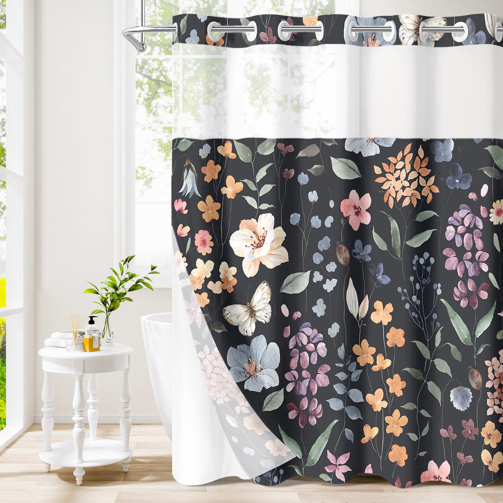 Litabel Extra Long No Hook Black Watercolor Floral Shower Curtain and Liner Set, Flower Shower Curtains with Snap in Liner for Farmhouse Decor, Modern