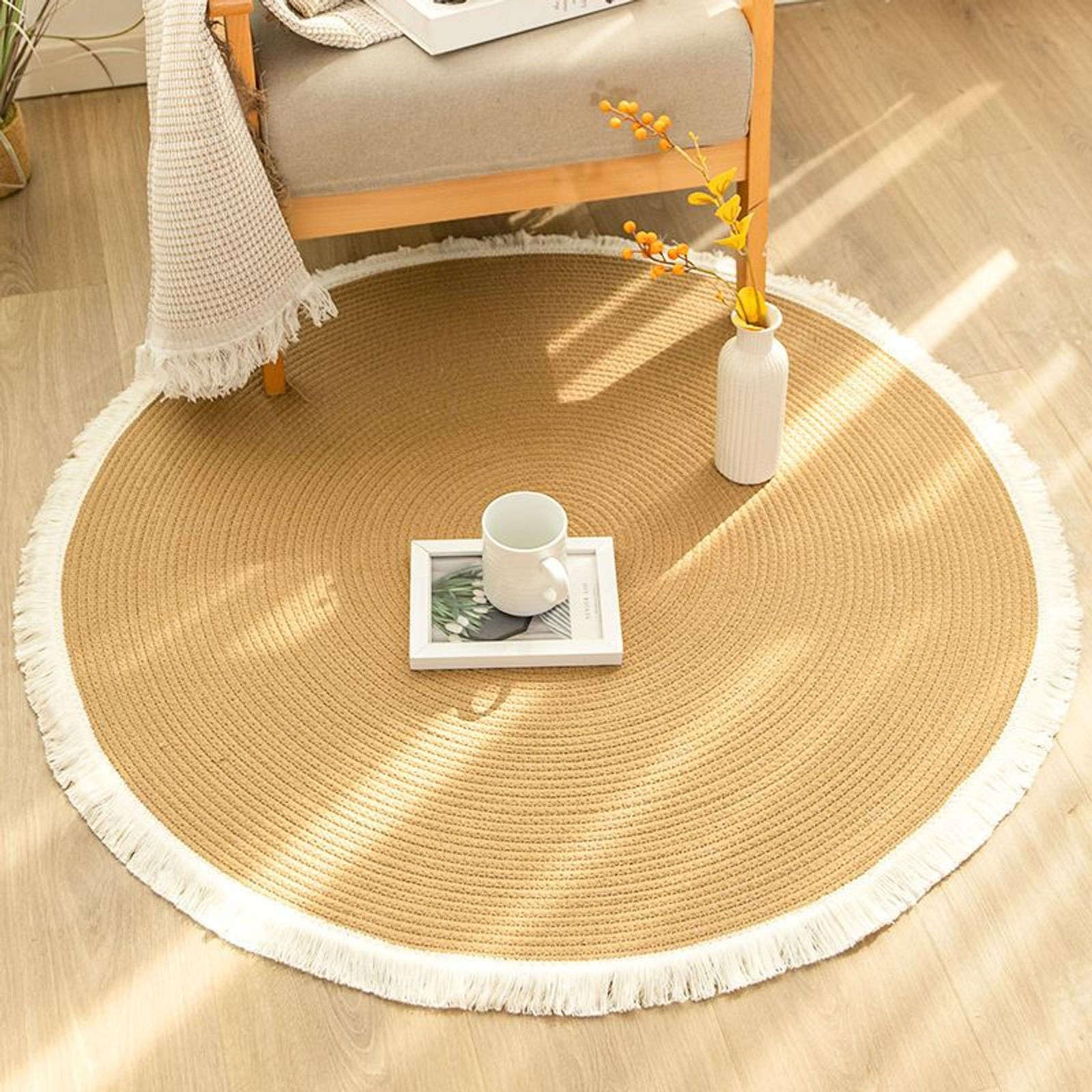 Carpette salon de thé en jute jaune Shaggy avec glands pour chambre 80cm