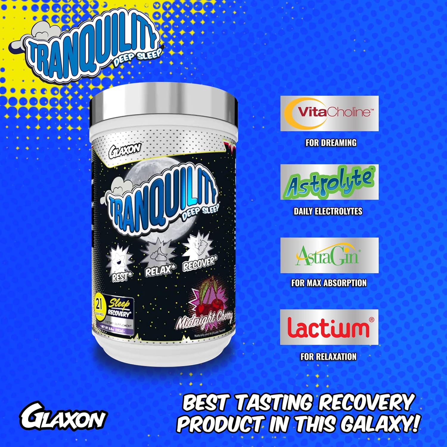 Glaxon Tranquility Recovery Formula for Men & Women | Extended Release Melatonin – Glycine – GABA – Vitacholine® - Electrolytes and More | Great Taste (Midnight Cherry)