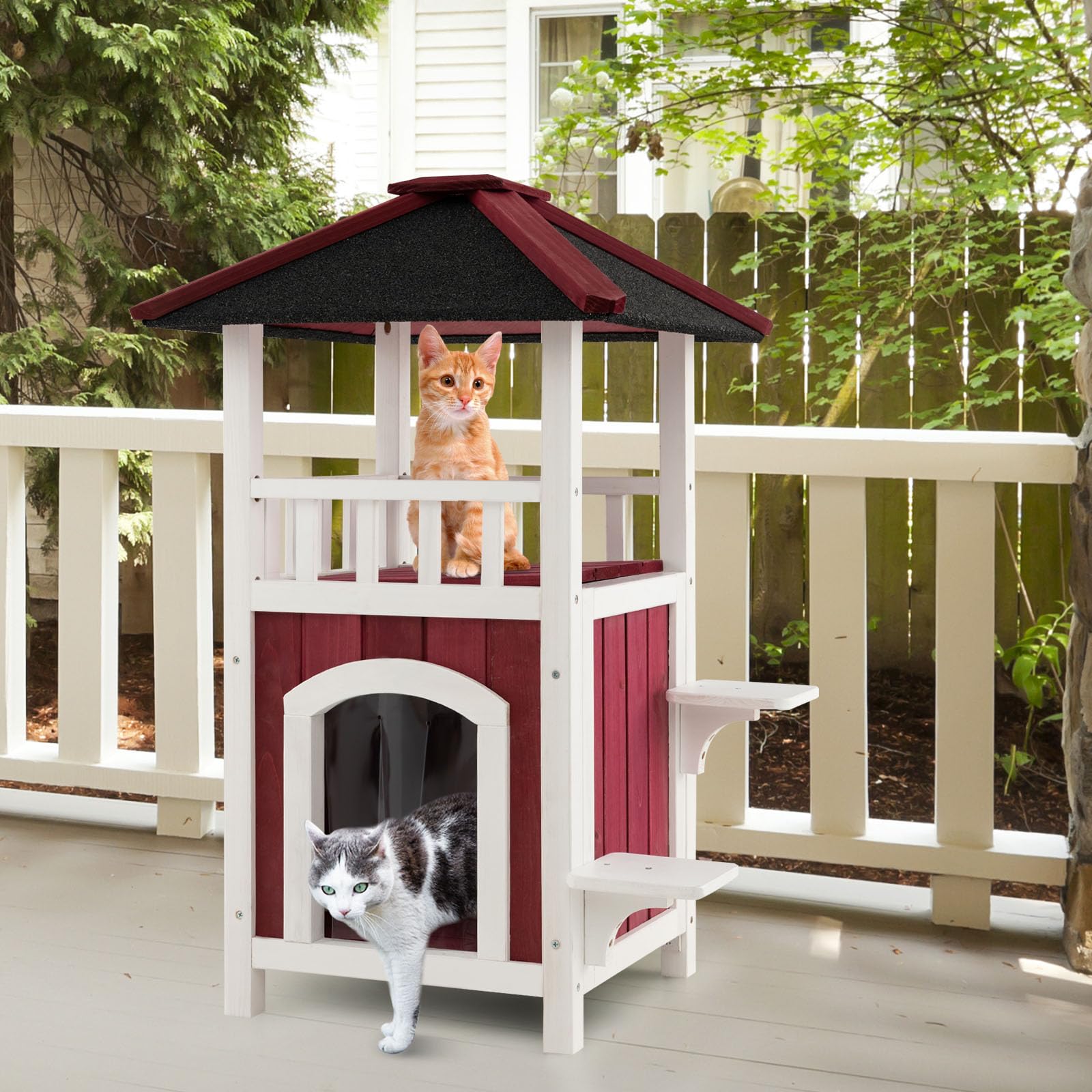 COSTWAY Cuccia per Gatti da Interno ed Esterno, Gasetta per Gatti in Legno a 2 Livelli con Tetto in Asfalto e 2 Piattaforme per Saltare, Casa per Gattini Impermeabile, 58 x 50 x 87 cm
