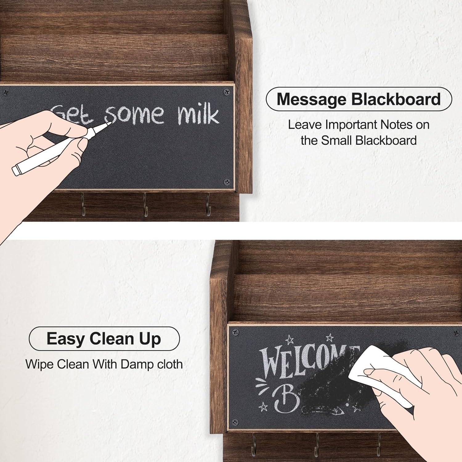 Mail and Key Holder – Wall Mount Key Hanger with Shelf and 7 Metal Hooks – Decorative Natural Paulownia Wood Entryway Organizer with Mounting Hardware (16.5”W x 8.7”H x 3.5”D) (Brown)