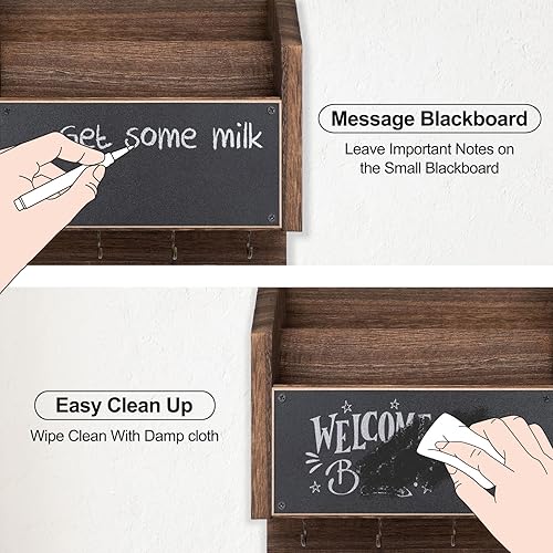 Miniatura 5 de Soporte para correo y llaves, colgador de llaves de pared con estante y 7 ganchos de metal, organizador decorativo de madera de paulownia natural