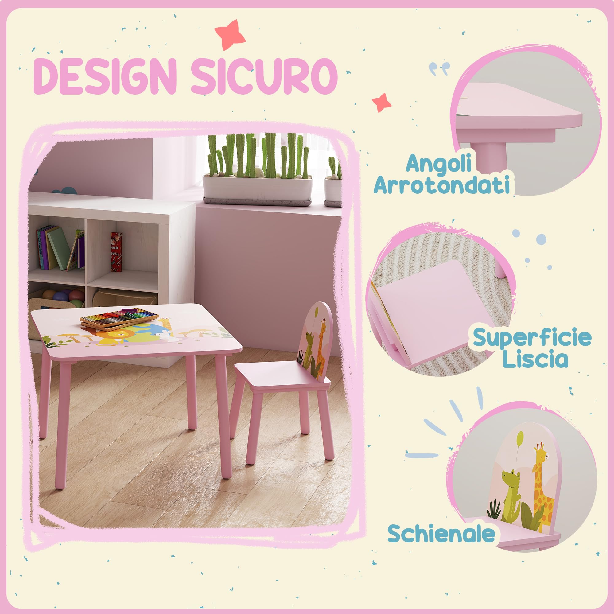 AIYAPLAY Set Tavolo e Sedie per Bambini 3-8 Anni Motivi Animali Rosa | Bordi Arrotondati, Sedie e Tavolino per Bambini, in MDF e Legno di Pino