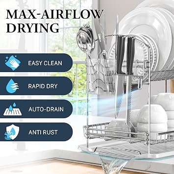 Simple Houseware 2-Tier Stainless Steel Dish Rack with Drainboard, Chrome for Kitchen