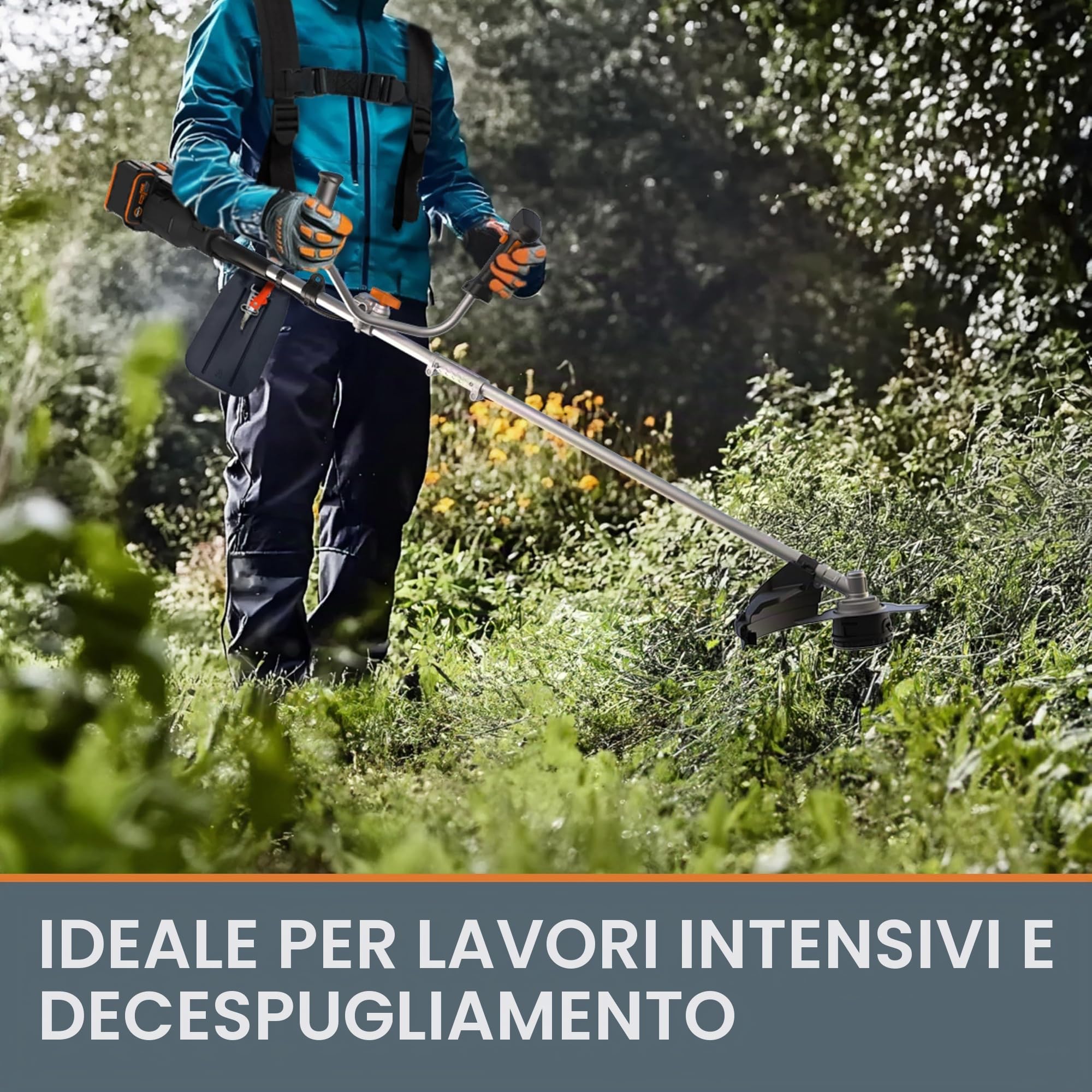 WORX WG084E.9 Decespugliatore a batteria, senza batteria e caricabatt. | Diametro di taglio 38 cm con filo e 25,5 cm con lama, impugnatura a due mani, doppio filo, design leggero e compatto