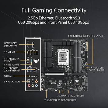ASUS TUF Gaming B760M-PLUS WiFi II Motherboard Intel B760 LGA 1700 mATX (PCIe 5.0, M.2, DDR5, WiFi 6E, Q Antenna, Realtek 2.5GB Ethernet, DP, HDMI, SATA 6Gbps, USB Type-C, Thunderbolt 4, Aura Sync)