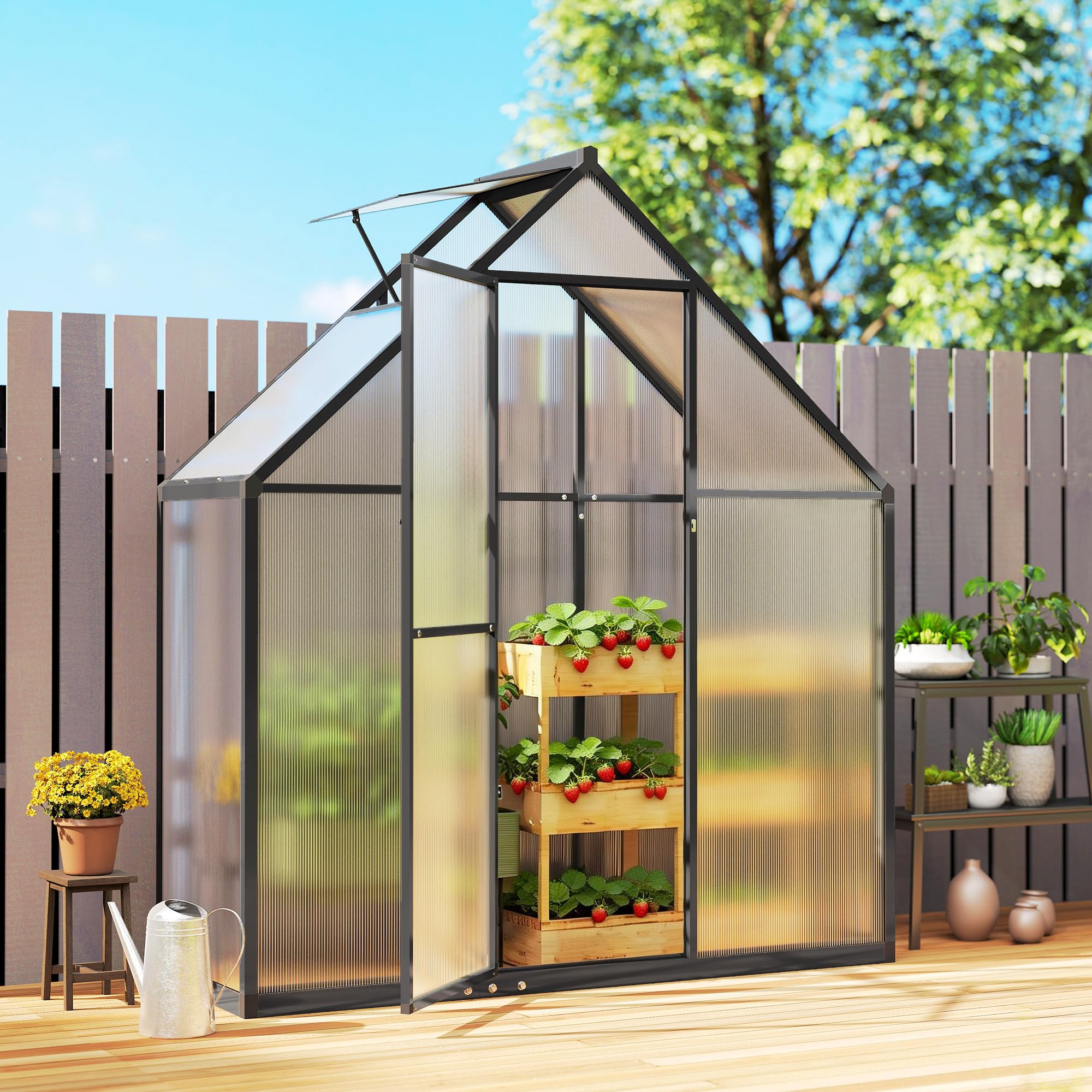 Outsunny Gewächshaus aus Aluminium und Polycarbonat, Gewächshaus mit verstellbarem Fenster und Flügeltür, wetterfestes Außenhaus für Pflanzen, Blumen, Gemüsegarten und Setzlinge, transparent