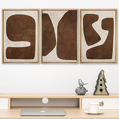 Miniatura 2 de SIGNLEADER Lienzo enmarcado para pared, juego de arte de collage de polígonos retro marrón tostado, ilustraciones con formas abstractas, arte