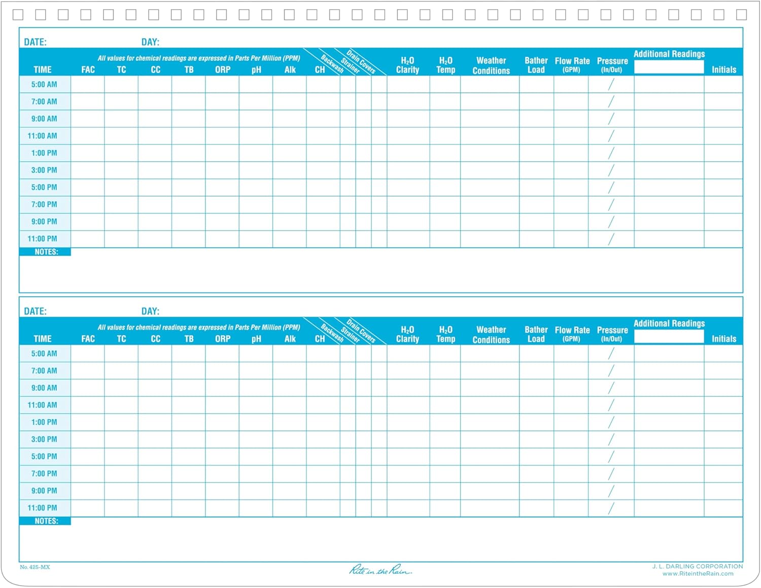 Rite In The Rain Weatherproof Side Spiral Notebook, 8.5" x 11", Yellow Cover, Commerical Pool & Spa Maintenance Log (No. 425-MX) - Image 2