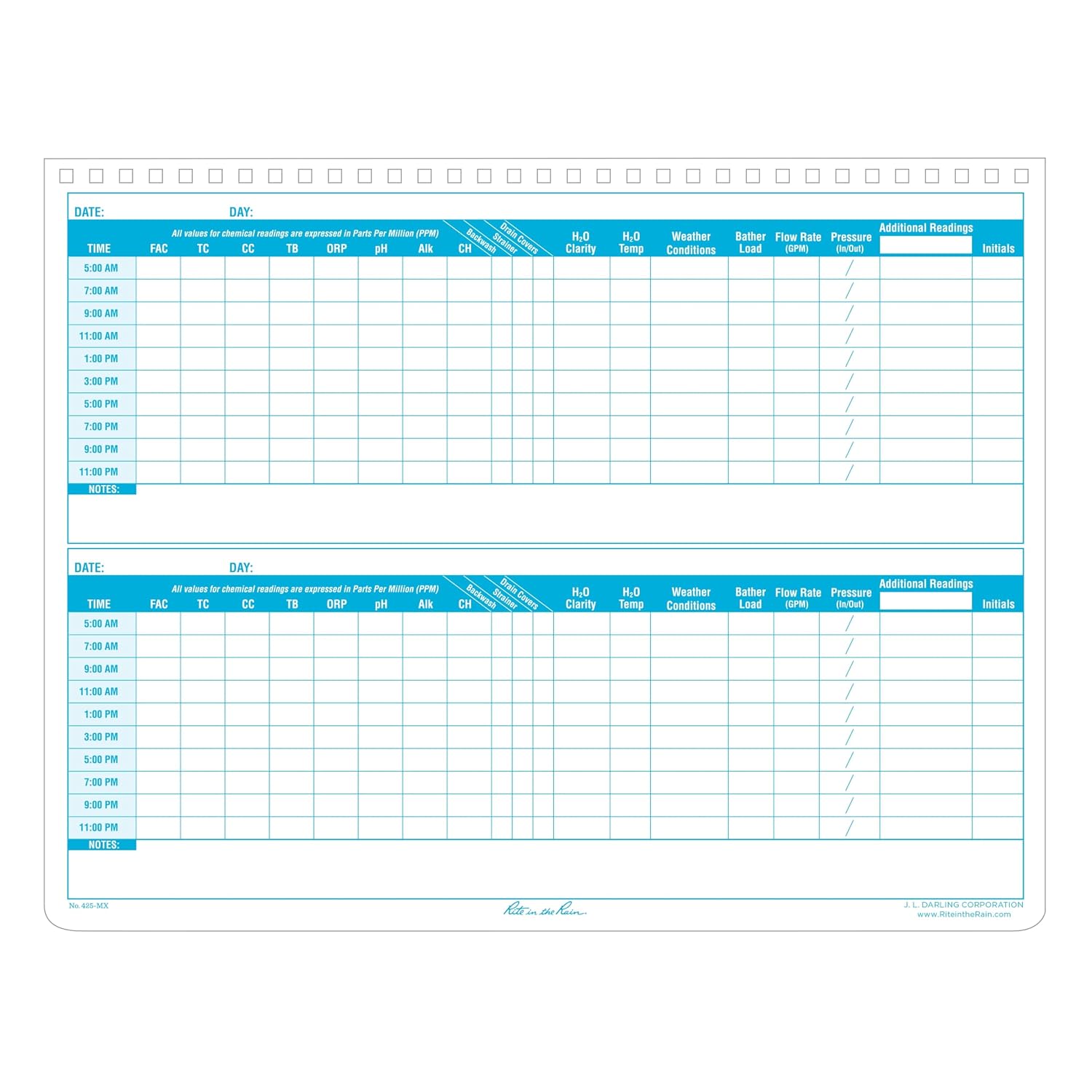 Rite In The Rain Weatherproof Side Spiral Notebook, 8.5" x 11", Yellow Cover, Commerical Pool & Spa Maintenance Log (No. 425-MX) image 3