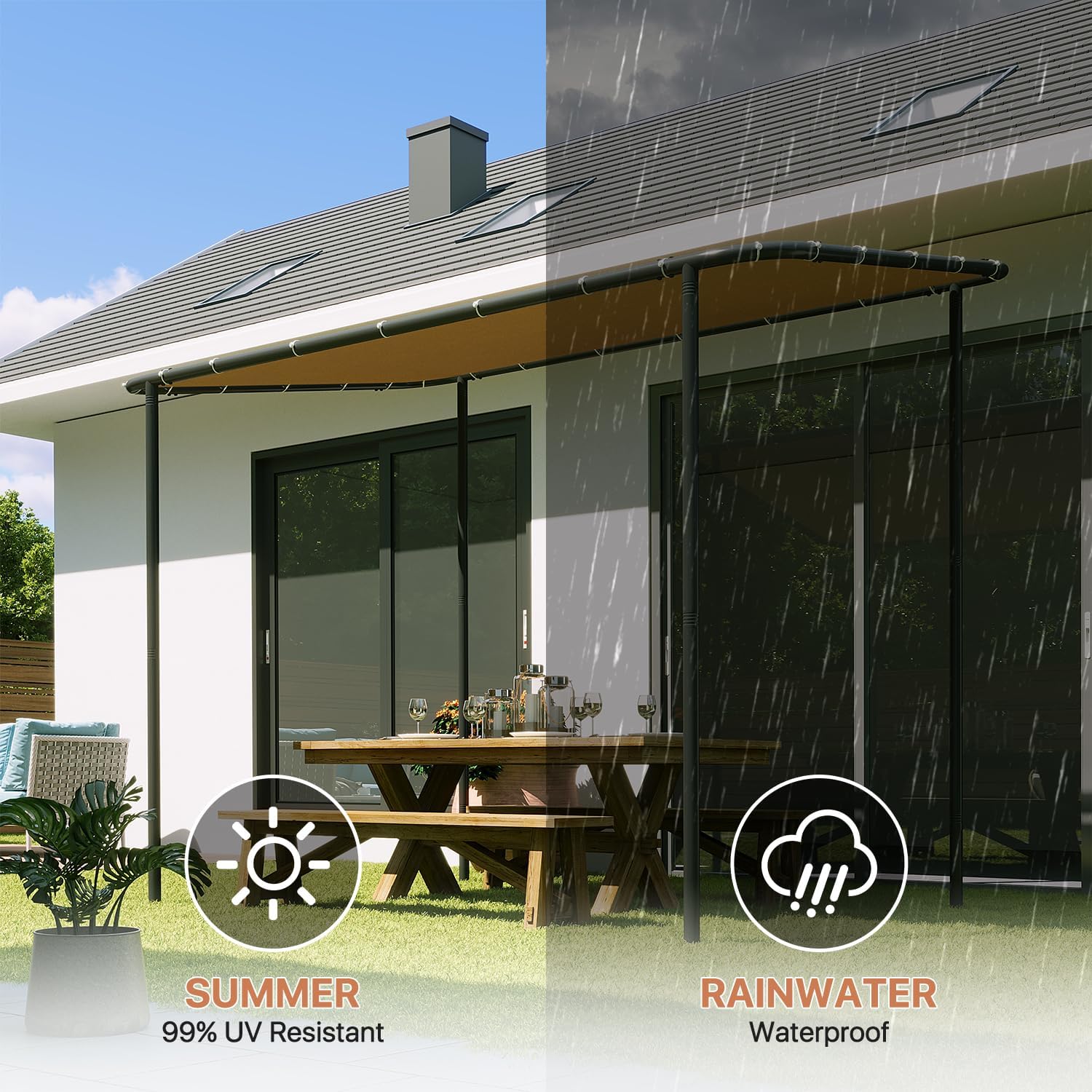 10x6 Lean to Gazebo Outdoor Pergola with Water Resistant & UV-Resistant, Wall-Mounted Canopy Sloped Roof Awning for Patio Backyard, Deck, or Garden Khaki