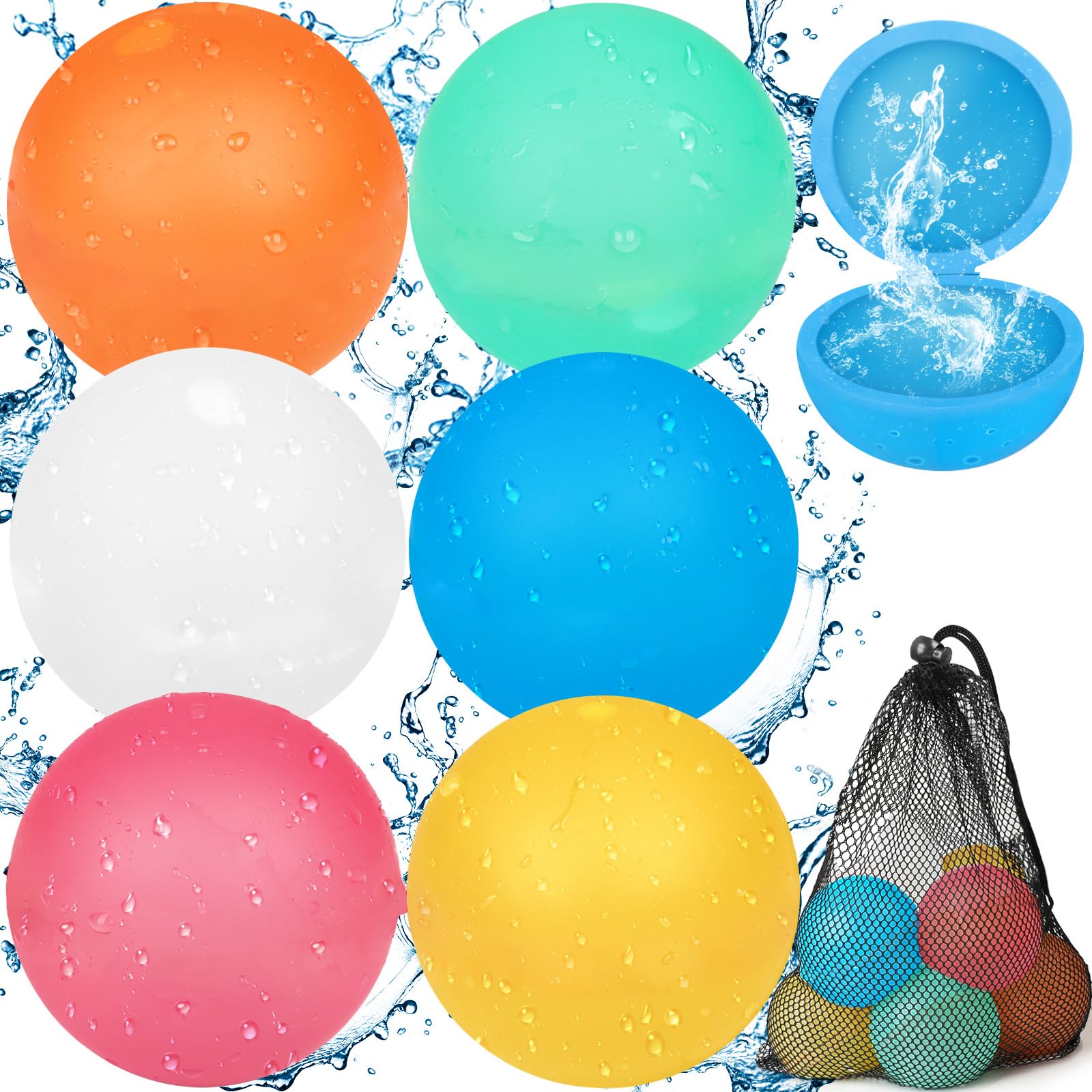 Wasserbomben Wiederverwendbare 6 Stück & 1 Mesh Bag, Silikon Wasserbomben Selbstschließend für Kinder & Erwachsene, Wasserballoons Schnellfüller Outdoor Wasserspielzeug für Strand Sommerparty