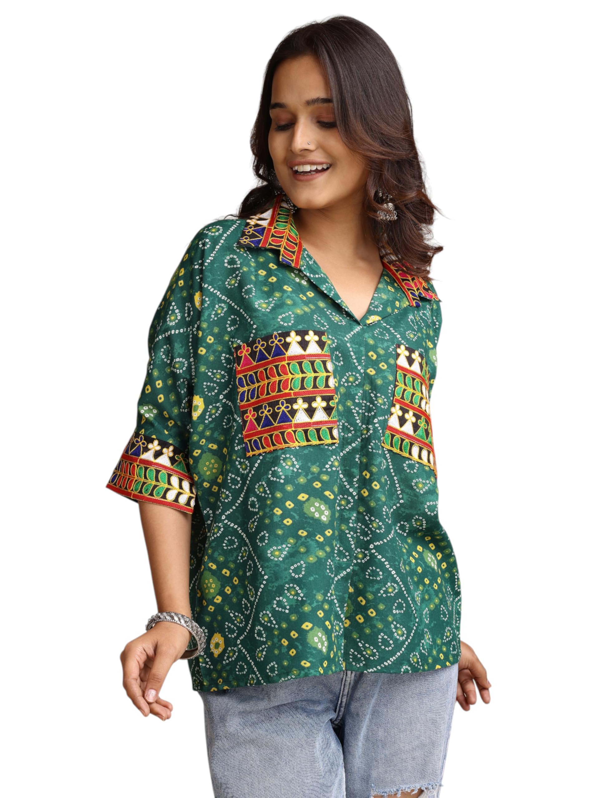 ethnicjunction Women's Cotton Blend Bandhani Print and Embroidered Relex fit Pocket Boxy Shirt Style Top-picture-36