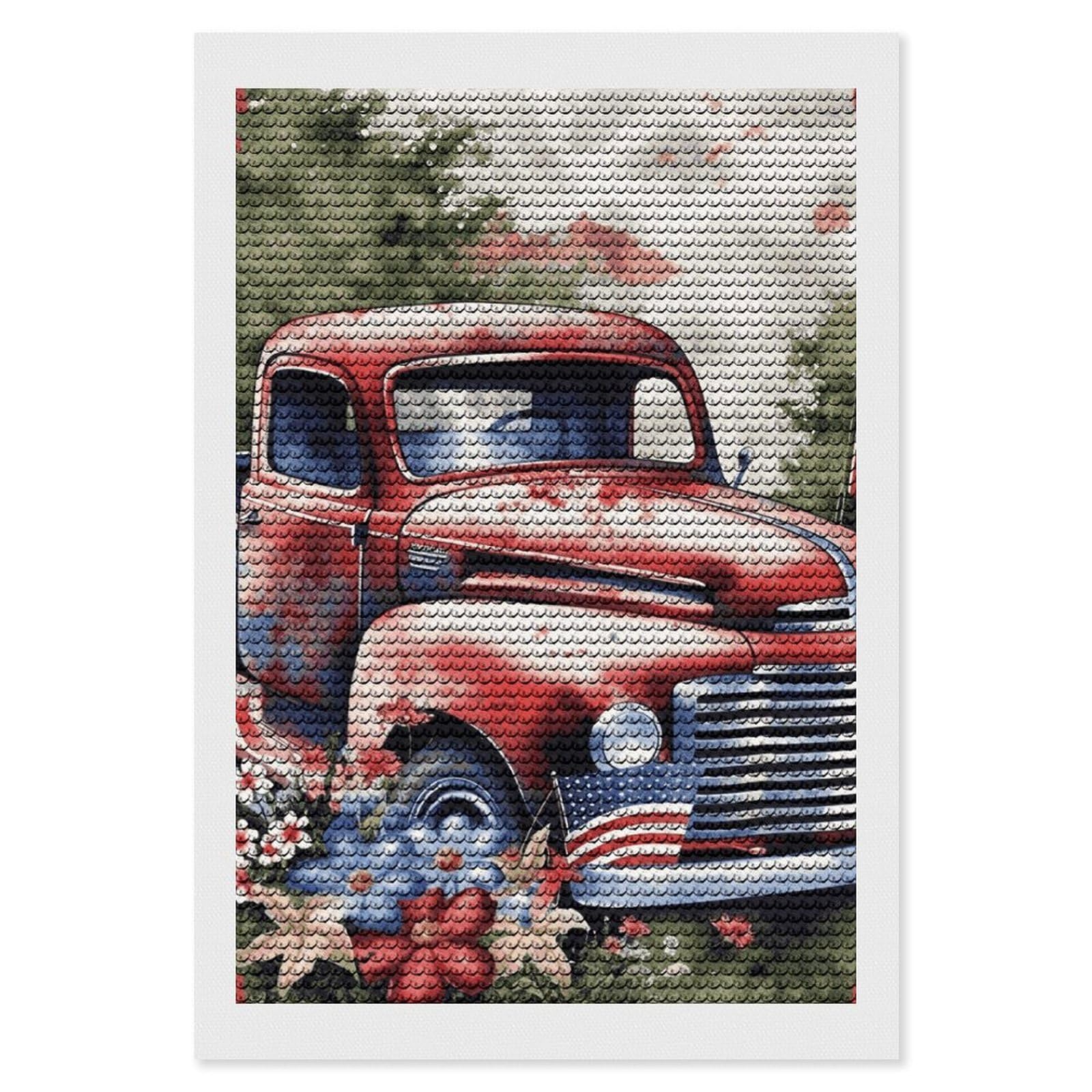 FekiLoot Patriotic Old Red Truck Diamond Art Kits for Adults, 5D Aurora Diamond Painting Kits for Beginners DIY Full Drill Dots Gem Art Paint Crafts for Home Wall Decor 8"x12"